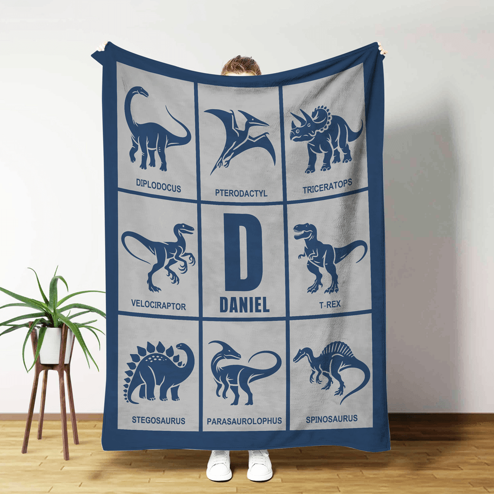 Manta blanda personalizada con nombre e inicial de dinosaurio para decoración del hogar Regalo de cumpleaños para niño amante de los dinosaurios