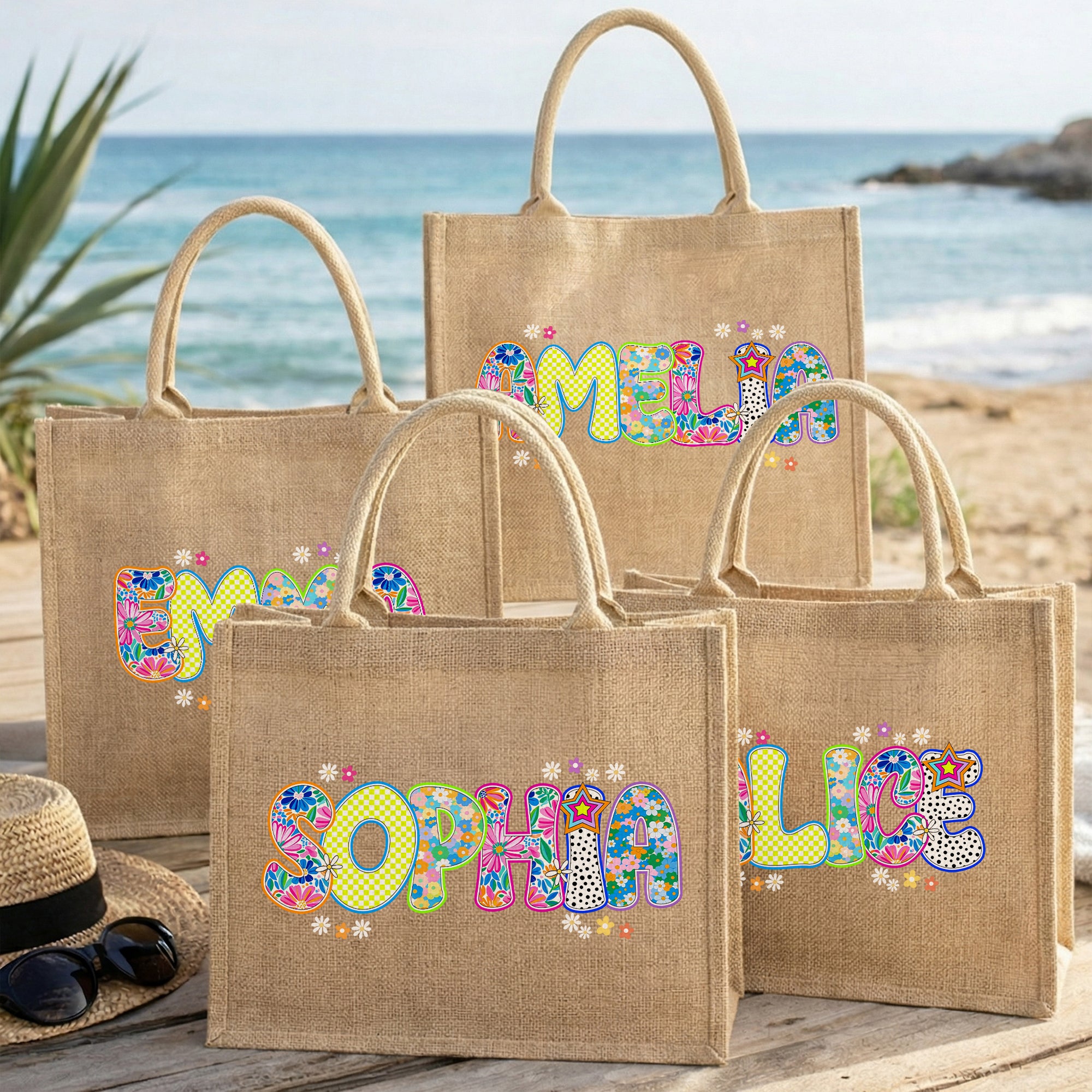 Bolsa de yute grande personalizada con diseño de efecto artístico floral y nombre Regalo de cumpleaños de uso diario para niños Familia