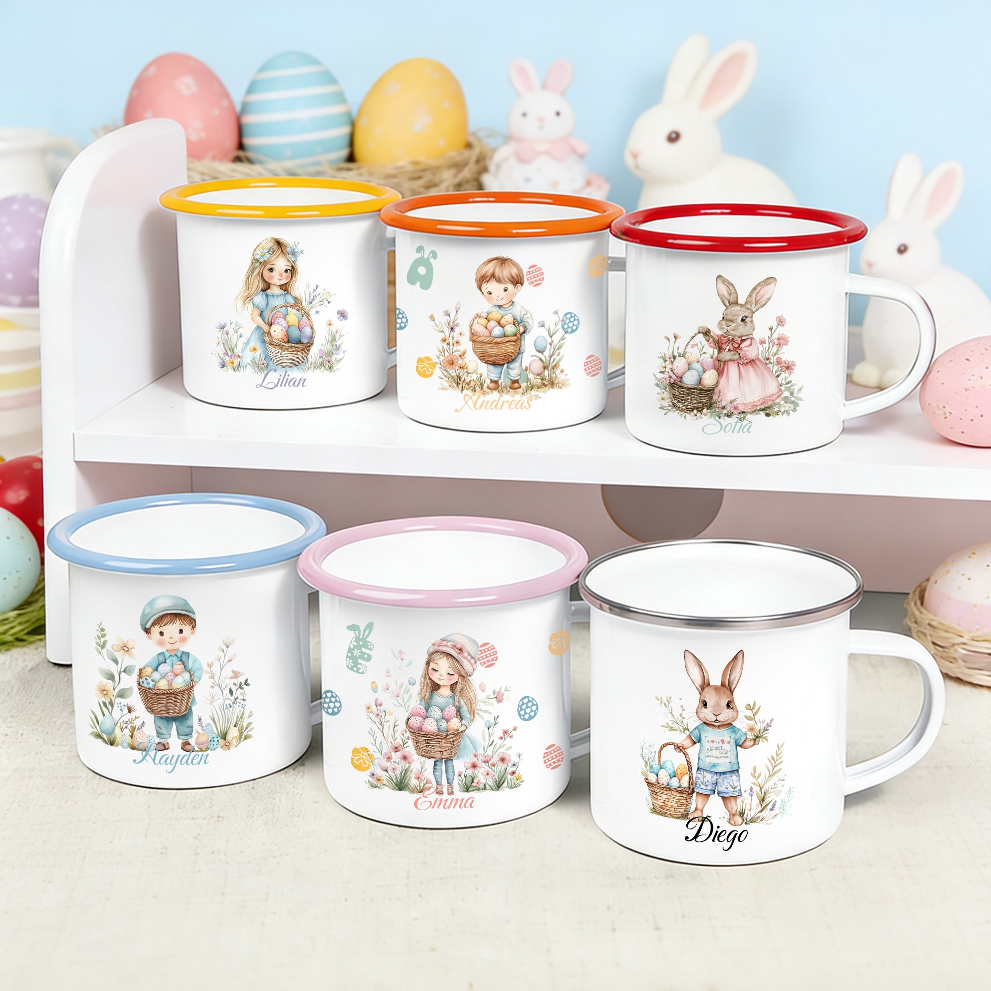 Personalizada Curación Arte Caricatura Ilustración Niño Niña Conejito 12 oz Esmalte Taza con Nombre Uso Diario Pascua Fiesta Regalo para Niños