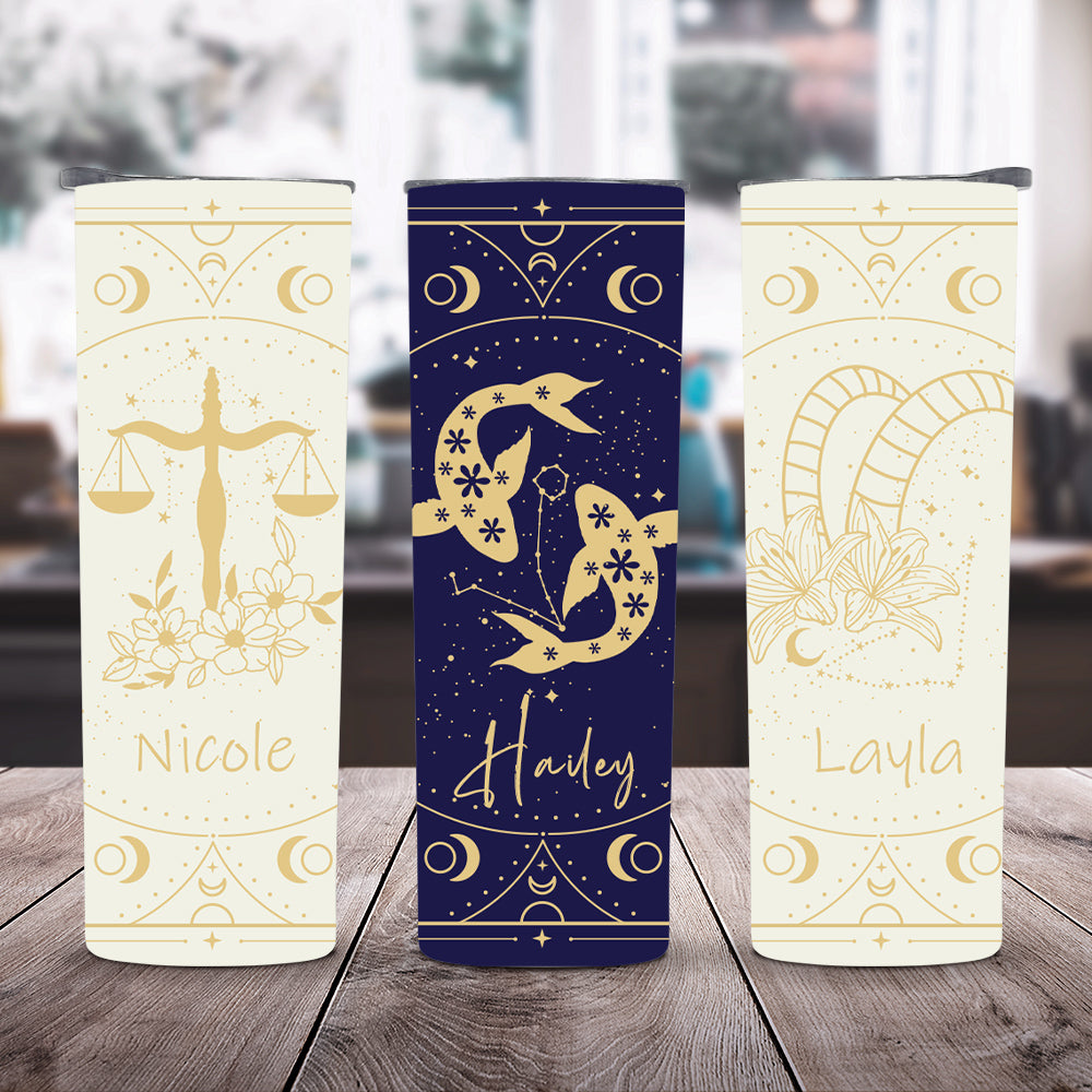 Vaso personalizado con nombre de signo del zodiaco 20 oz Skinny Tumbler con tapa y pajita Accesorio de viaje Cumpleaños Aniversario Regalo de boda para mujer