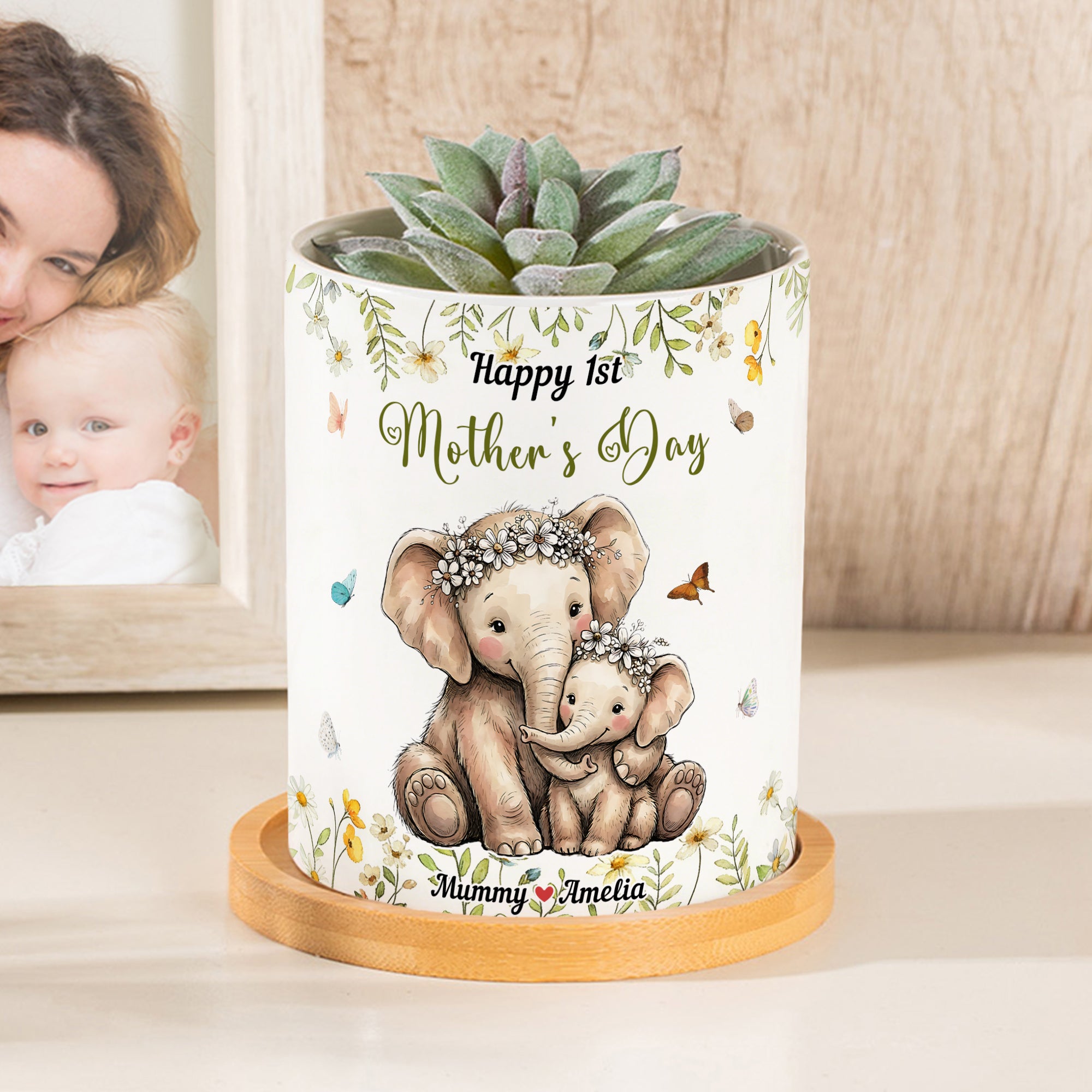Maceta de cerámica con nombre y bandeja de bambú personalizada con dibujos de margaritas de animales Regalo del Día de la Madre para mamá