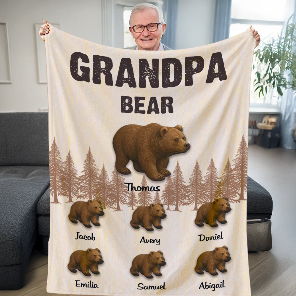 Manta suave personalizada del oso del papá del bosque que lleva el oso del bebé con 1-12 nombres multicolores decoración del hogar regalo del día del padre del cumpleaños para el abuelo del papá
