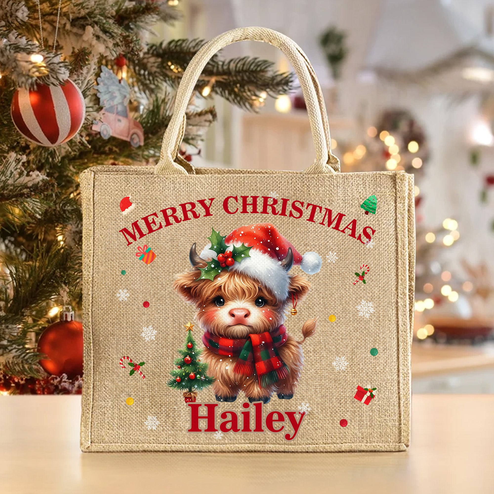 Personalizada de dibujos animados sombrero de Navidad Highland Vaca Bolsa de yute grande con nombre Uso diario Regalo de Navidad para la familia Amigos