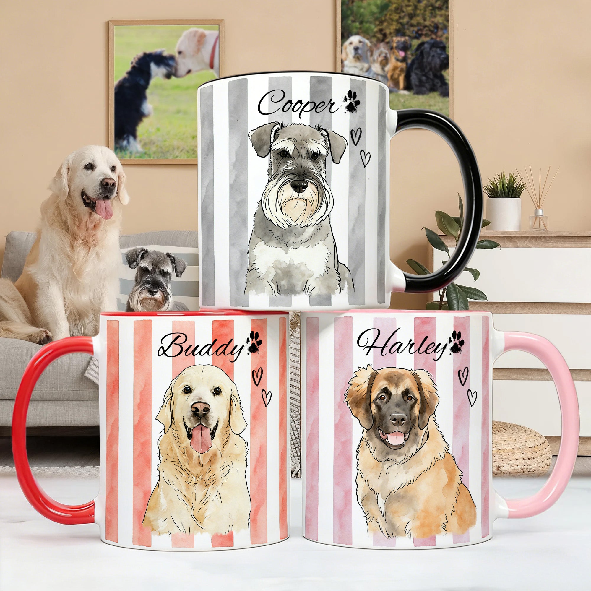 Acuarela personalizada raya Pet Foto 11 oz 15 oz Taza de Cerámica con Nombre Cumpleaños Pet Party Regalo para los amantes de los dueños de mascotas