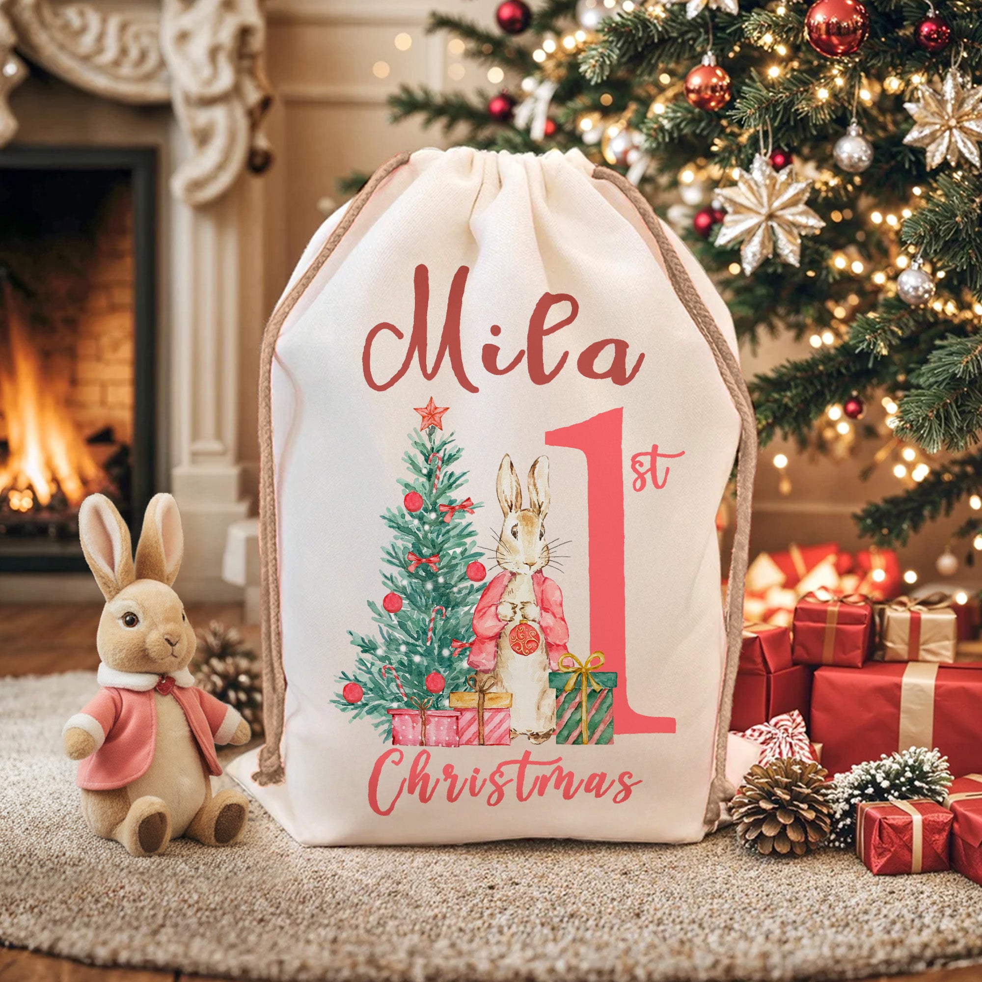 Personalizada Primera Navidad Santa Claus Peter Rabbit Drawstring Bolsa de regalo de lona con nombre Regalo de Navidad para la familia del bebé
