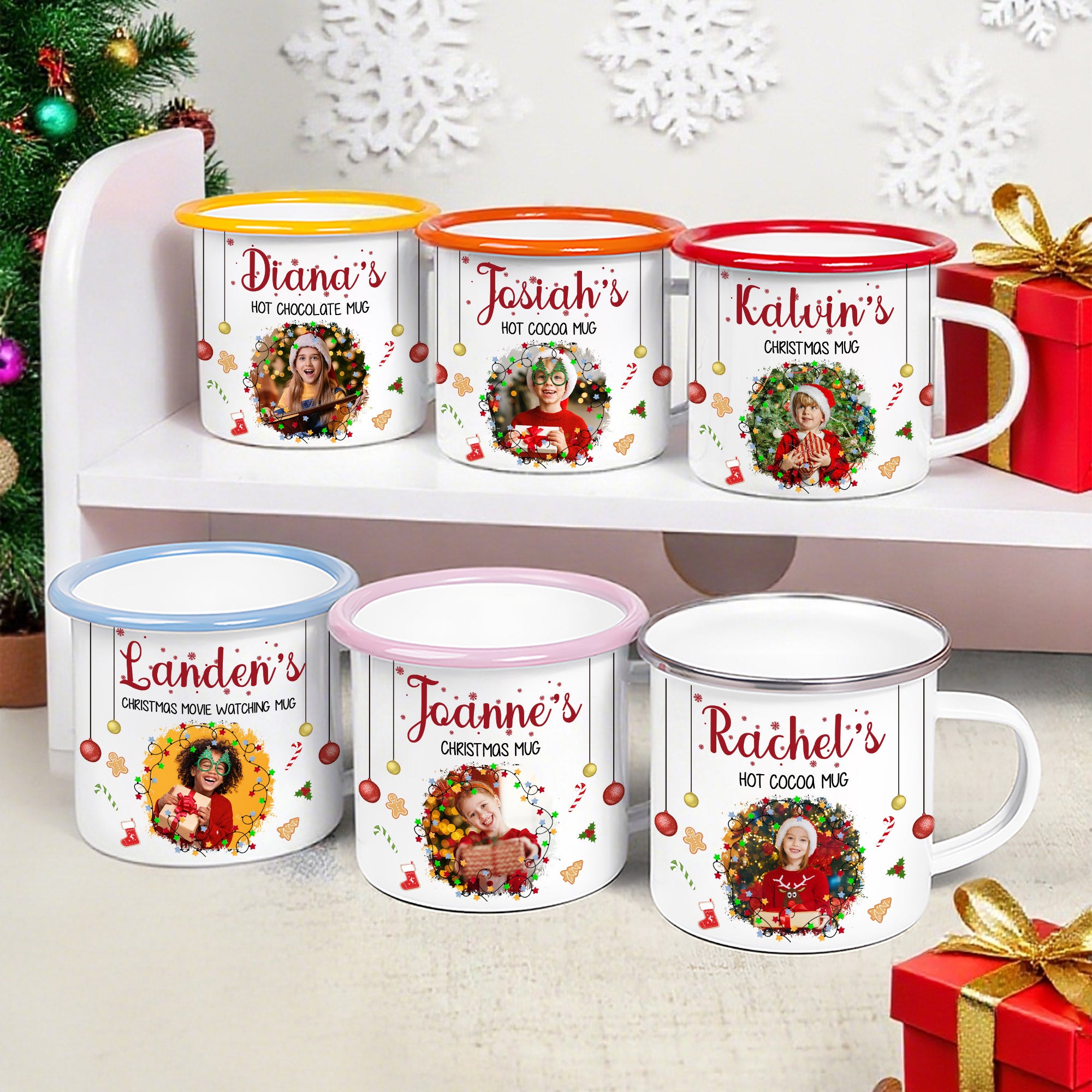 Personalizada Luz de Colores Elemento de Navidad 12 oz Foto Esmalte Taza con Nombre y Título Regalo de Navidad para Niños Familia Amigos