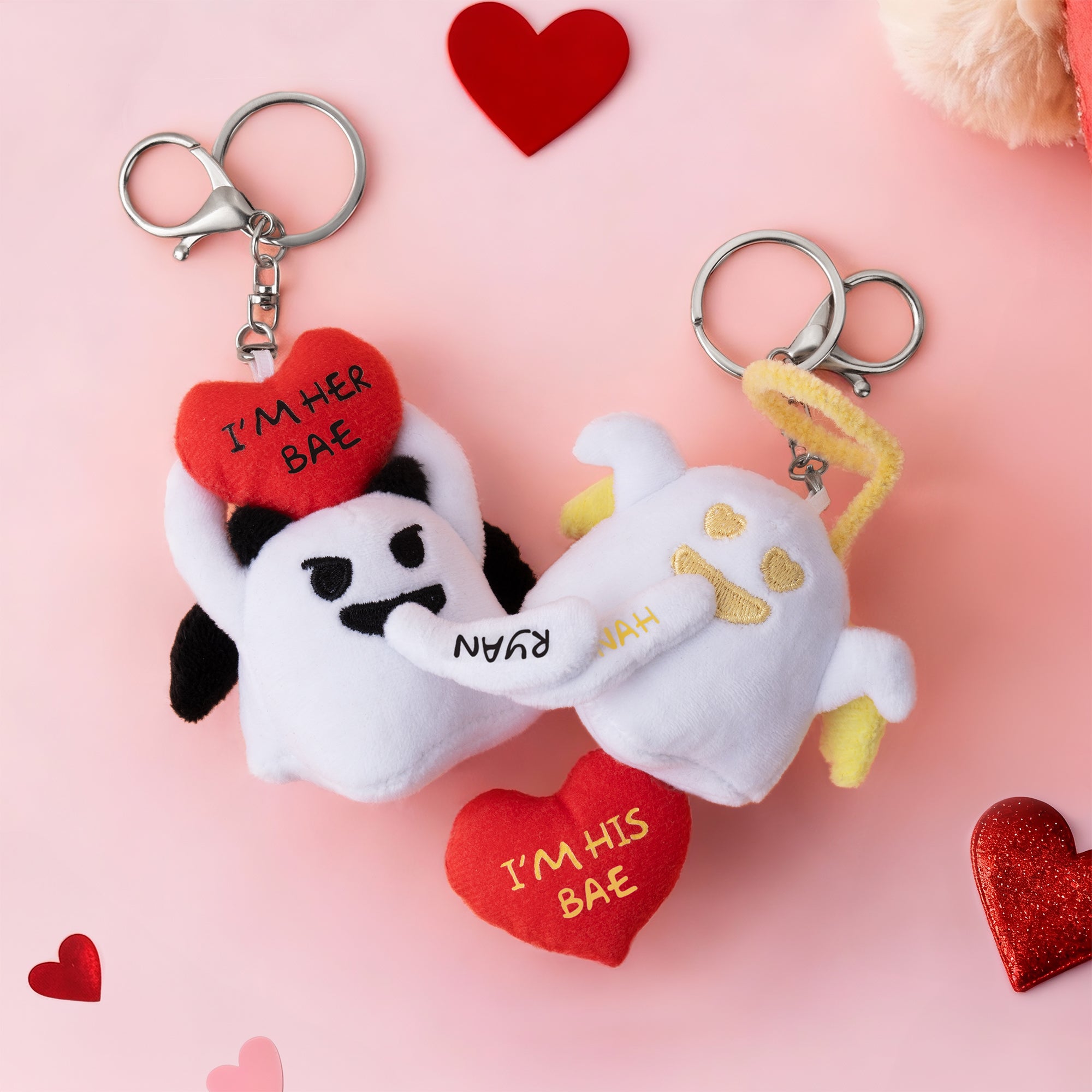 Llavero Personalizado Love Heart Glow-In-The-Dark Cute Boo Plush Angel Devil Keychain with Name and Text Valentine's Day Gift for Couples