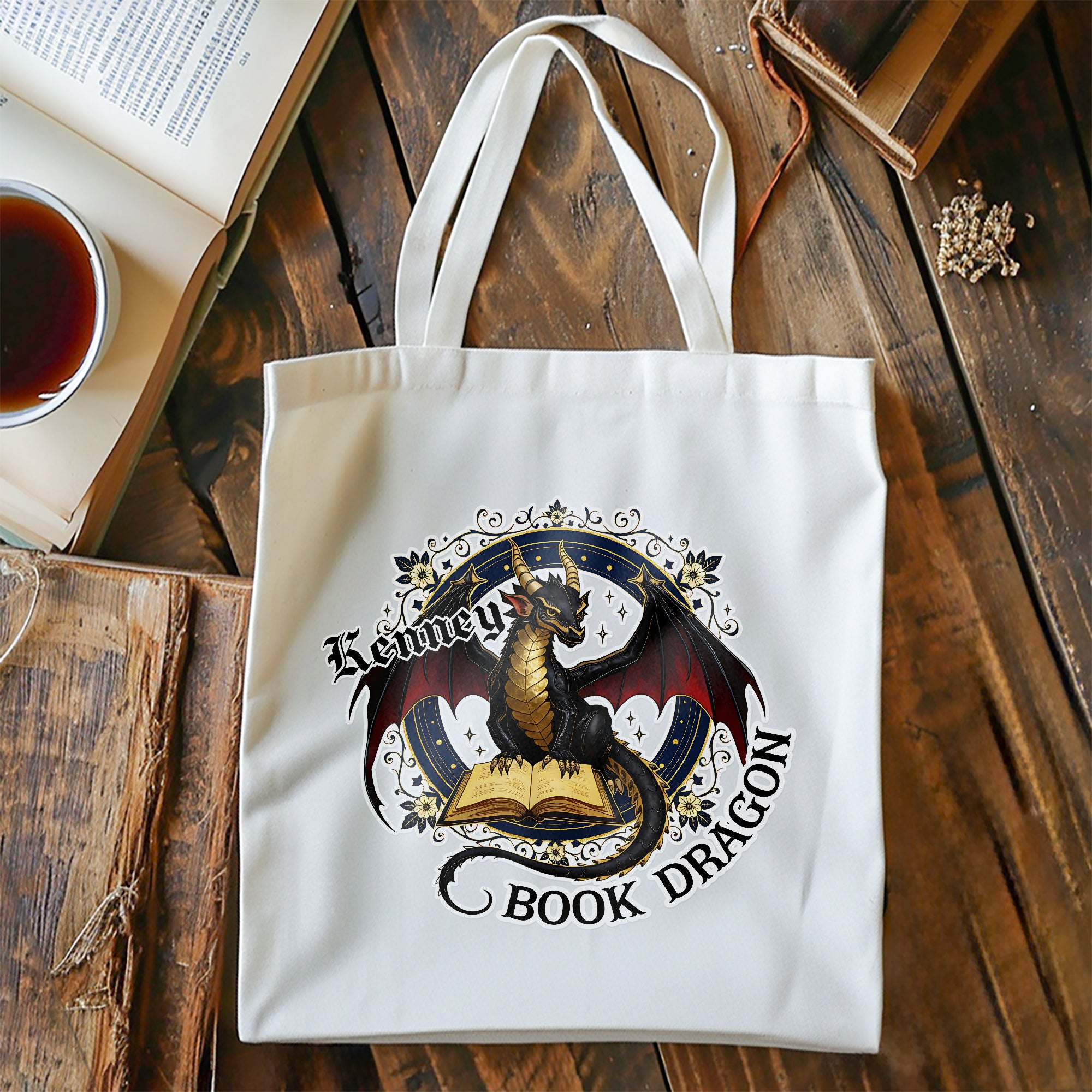 Bolsa de lona grande personalizada con nombre Dragón de los libros Regalo de cumpleaños esencial para el club de lectura de un ratón de biblioteca