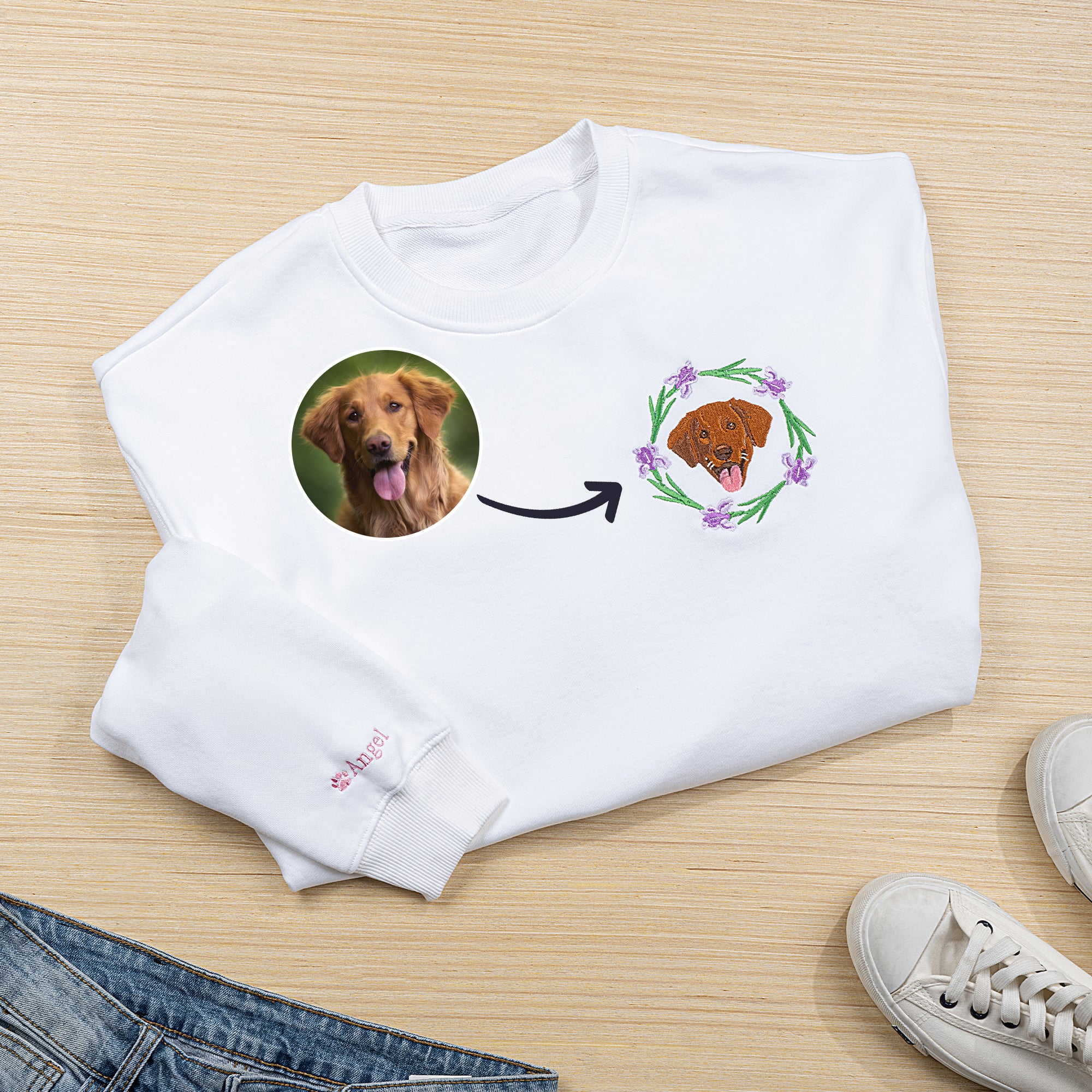 Personalizada Mascota Cara Foto Nacimiento Flor Suave Camiseta Sudadera Sudadera con capucha con nombre bordado Regalo de cumpleaños para los amantes del animal doméstico