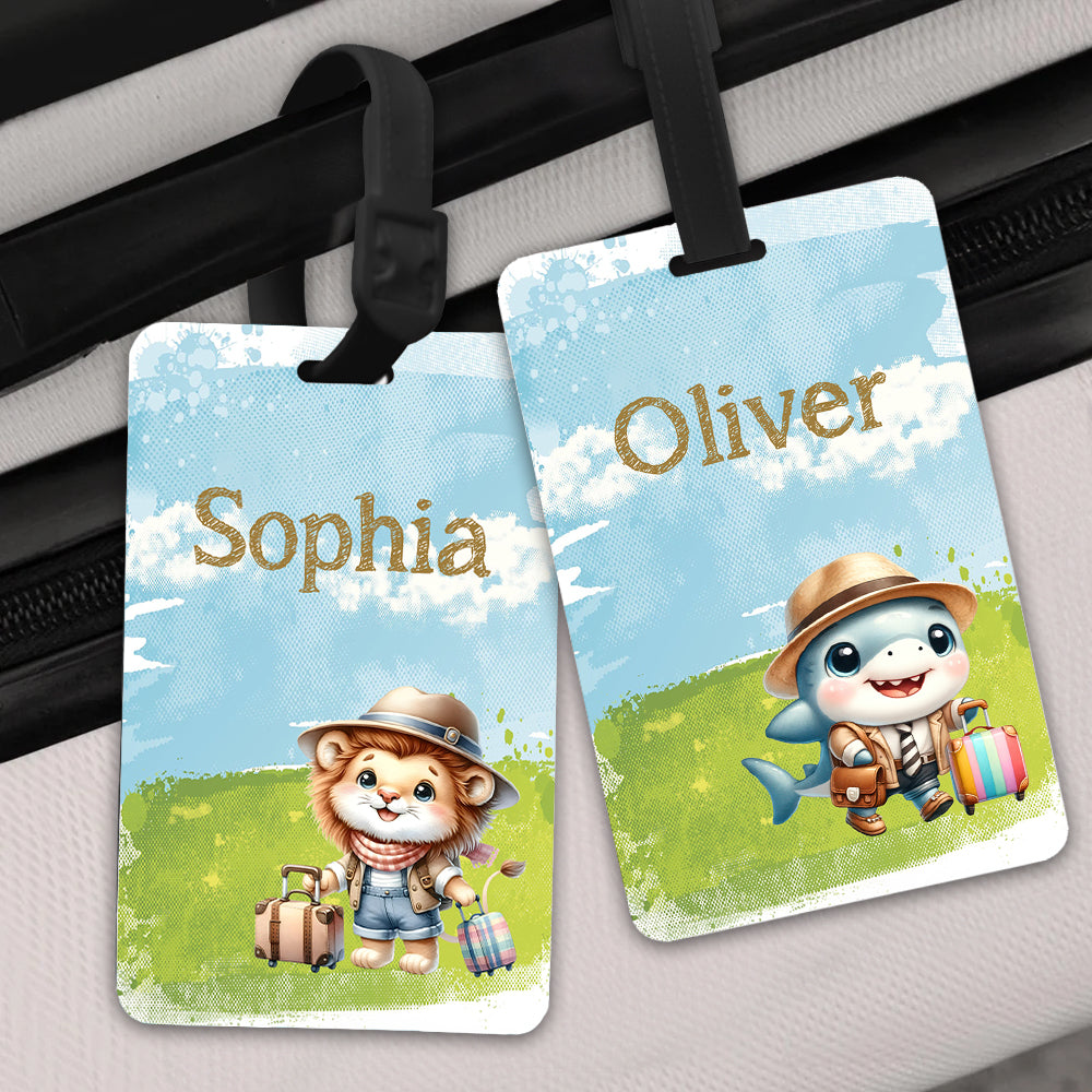Etiqueta de equipaje personalizada con nombre de animal de vacaciones, león, tiburón y león, accesorios de viaje, regalo de cumpleaños y vacaciones para niños