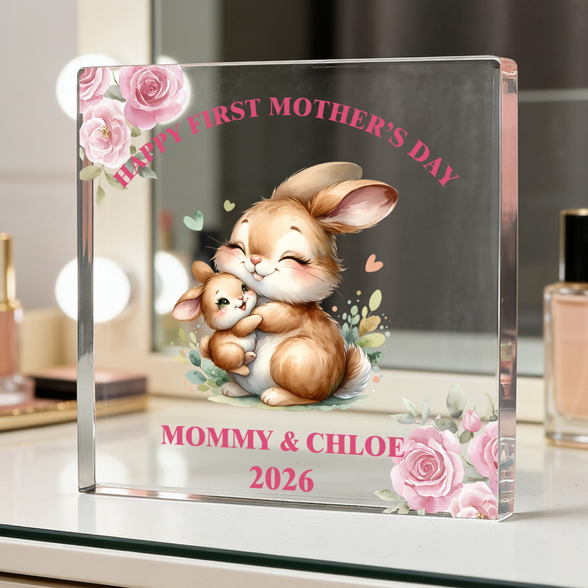 Primer Día de la Madre personalizado Placa acrílica cuadrada con el nombre, año y texto Regalo del Día de la Madre para mamá y abuela