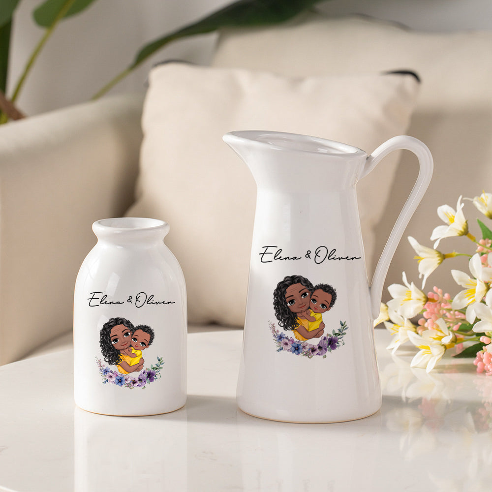 Personalizado de dibujos animados mamá y el niño de nacimiento florero de cerámica con nombre Día de la Madre Cumpleaños decoración del hogar regalo para mamá abuela