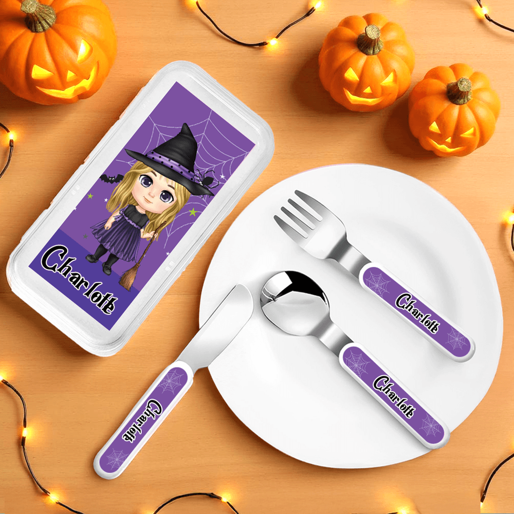 Tenedor Cuchara Cuchillo 3 Piezas Juego de Cubiertos Personalizado con el Nombre del Personaje de la Tela de Araña Regalo de Halloween para Niños