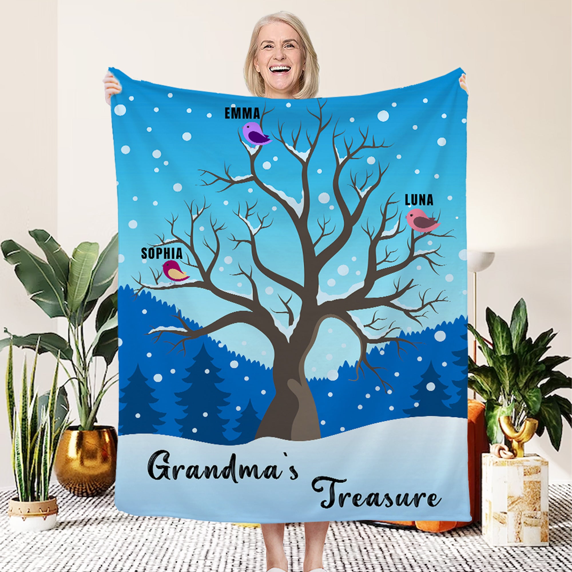 Manta blanda personalizada con 1-12 nombres de pájaros en rama Decoración para el hogar Regalo de cumpleaños de Acción de Gracias para los abuelos