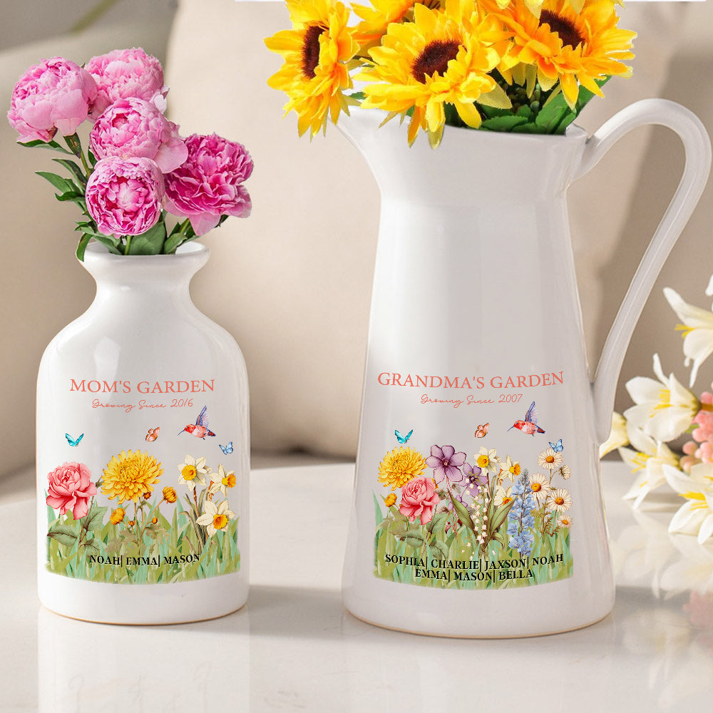 Florero de Cerámica Personalizado con Nombres y Texto "Grandma's Garden 2-15 Birth Flowers" Decoración de Hogar Regalo de Cumpleaños para Mamá Abuela