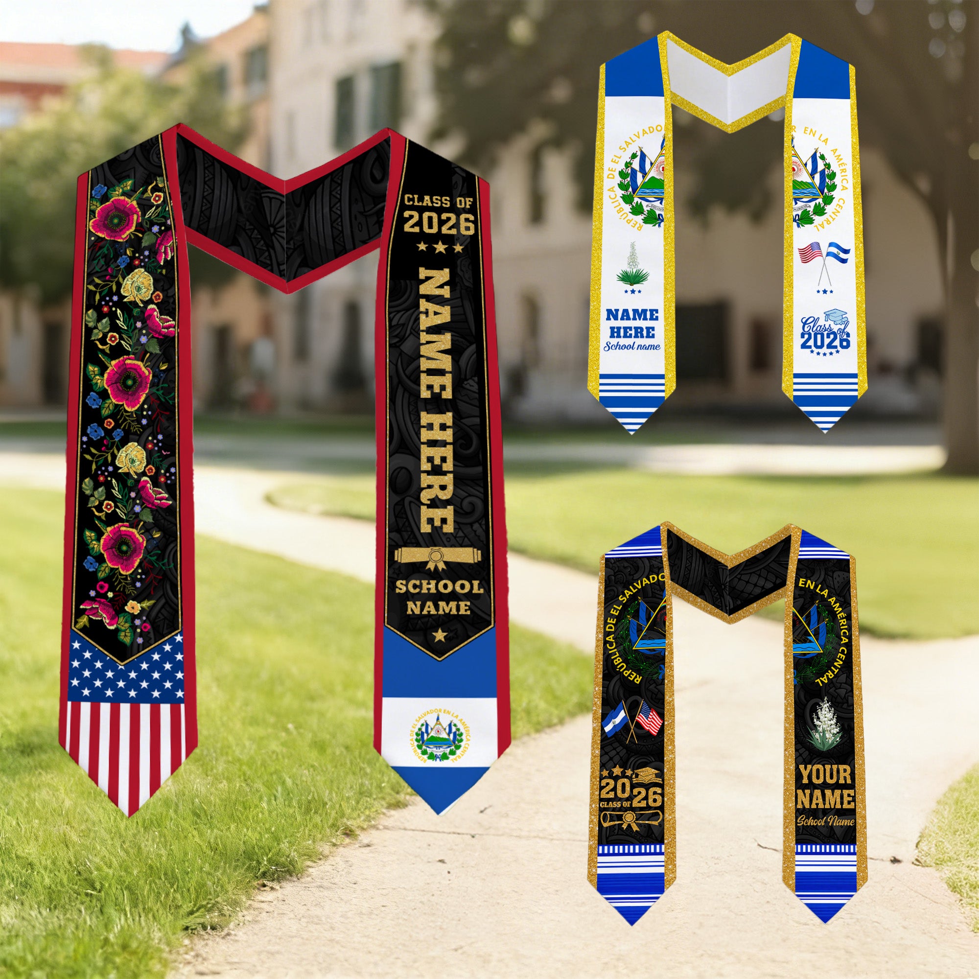 Estola de Graduación Personalizada Bandera de El Salvador con Nombre Nombre de la Escuela y Año Regalo de Graduación para Graduados Clase 2026