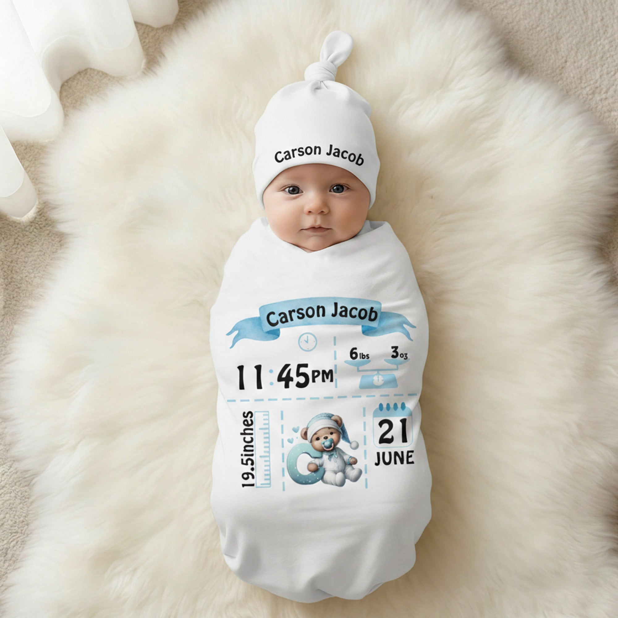 Set de manta y gorro personalizados de algodón 100% con iniciales y nombre Regalo de Baby Shower para recién nacido