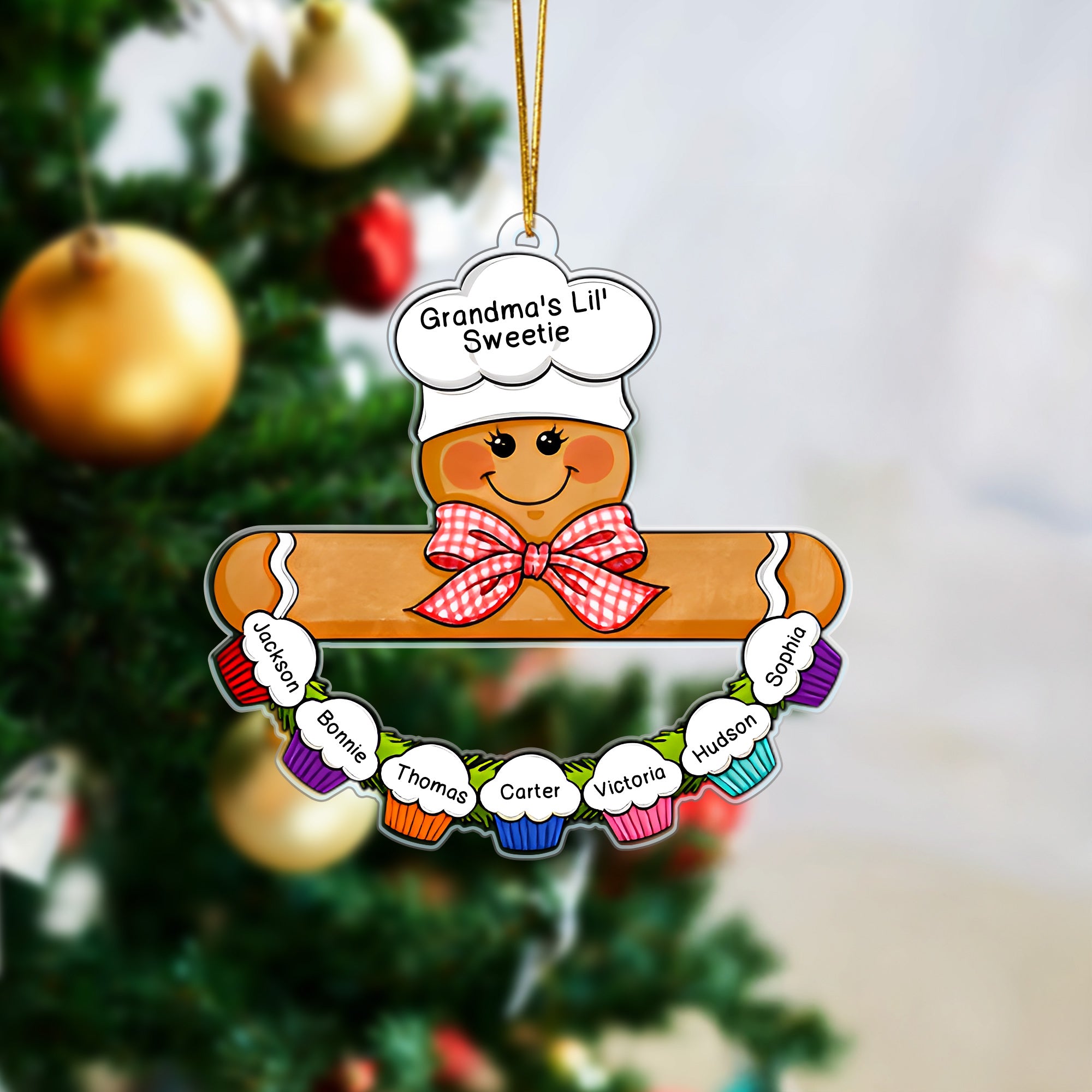 Personalizado pastel de pan de jengibre panadero acrílico ornamento con el título y el nombre del árbol de Navidad decoración del hogar regalo de aniversario para la mamá abuela