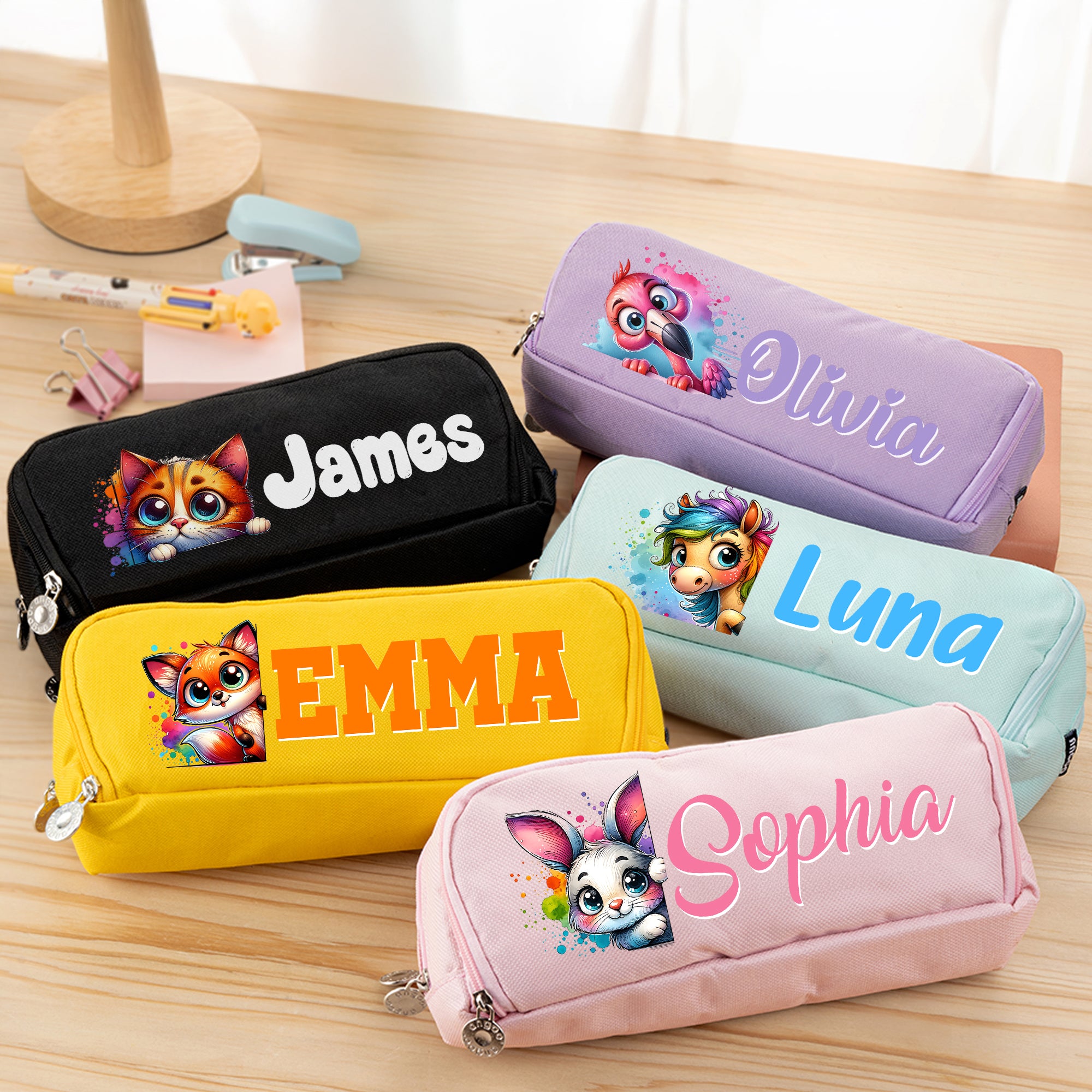 Estuche personalizado de tres capas con el nombre de un simpático animal de dibujos animados Material escolar Vuelta al cole Regalo de cumpleaños para niños Niñas