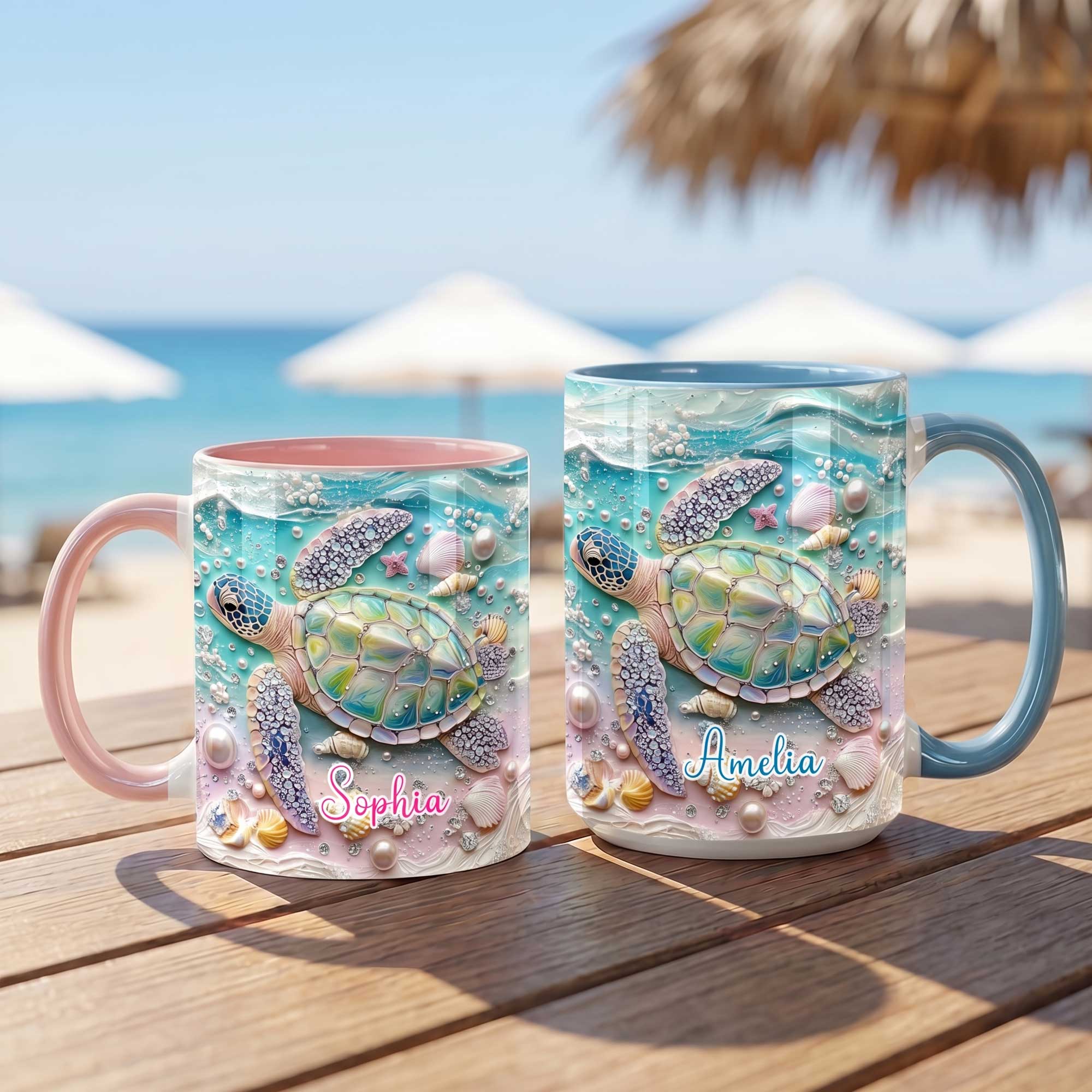Taza de Cerámica Personalizada Tortuga Marina 11oz / 15oz con Nombre y Asa Regalo de Cumpleaños Aniversario para Familias Amantes de las Tortugas Marinas
