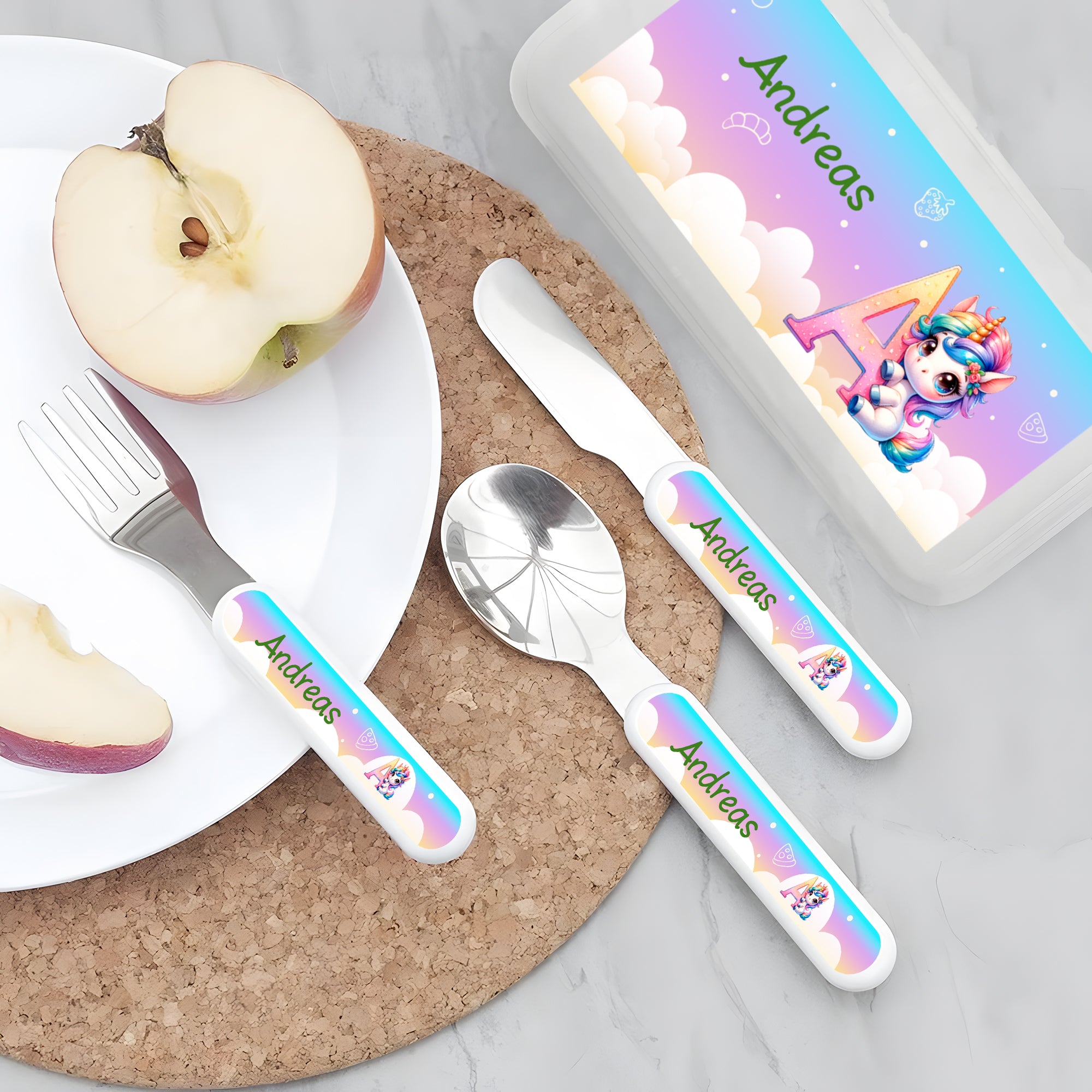 Juego de cubiertos de 3 piezas con nombre y estuche de regalo de cumpleaños de vuelta al cole para niños personalizado Fantasy Unicorn Initial Kid's Fork Spoon Knife