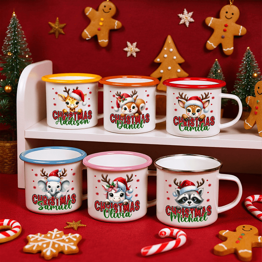 Personalizada de Navidad Santa Hat Cute Animal 12 oz Multicolor Taza de esmalte con el nombre de regalo de Navidad para los niños