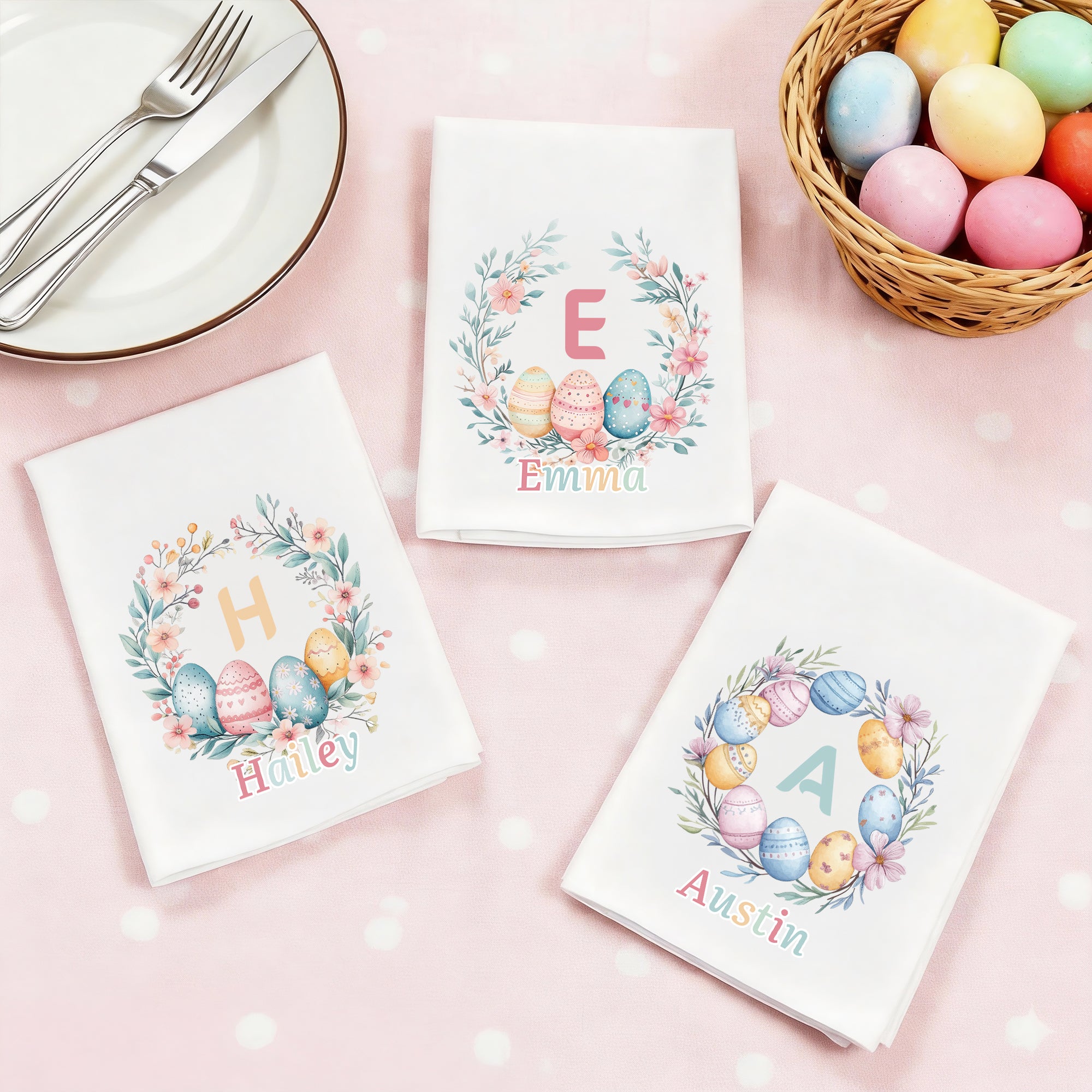 Guirnalda de flores personalizada Huevos de Pascua con iniciales Servilleta 100% algodón con nombre de colores Decoración de mesa Regalo de Pascua para niños Familia
