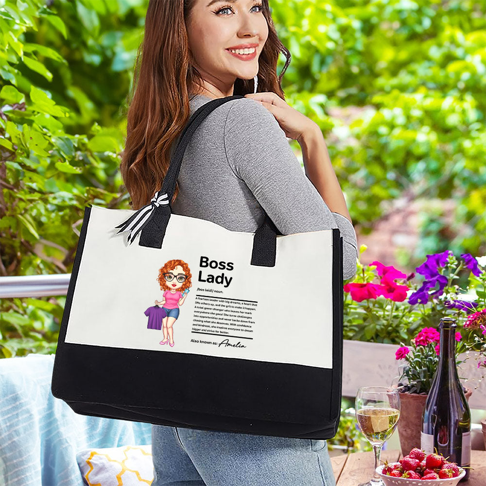 Personalizado Boss Lady Cartoon Character Large Canvas Tote Bag with Name Travel Accessories Birthday Holiday Anniversary Gift for Woman Trabajadores