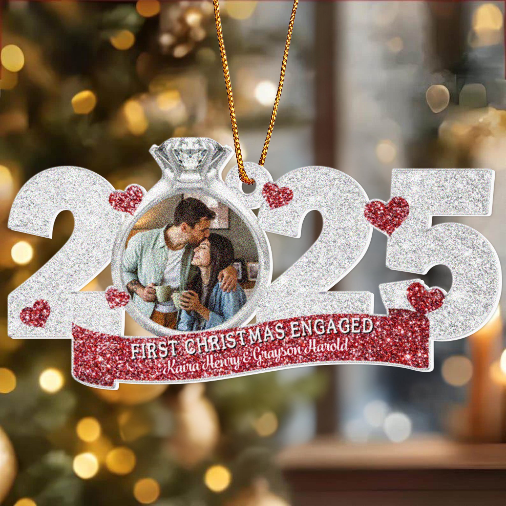 Personalizada Romántica Foto Anillo Diseño Purpurina 2025 Acrílico Ornamento con Nombres Compromiso Navidad Regalo para Recién Casados Parejas