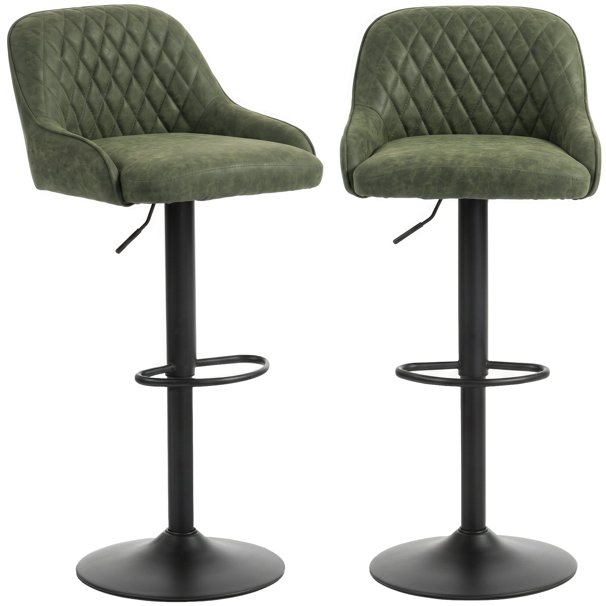Adjustable Swivel Bar Stools Set of 2 with Wide Padded PU Leather Seat & Footrest for Kitchen Island Counter, Dark Green