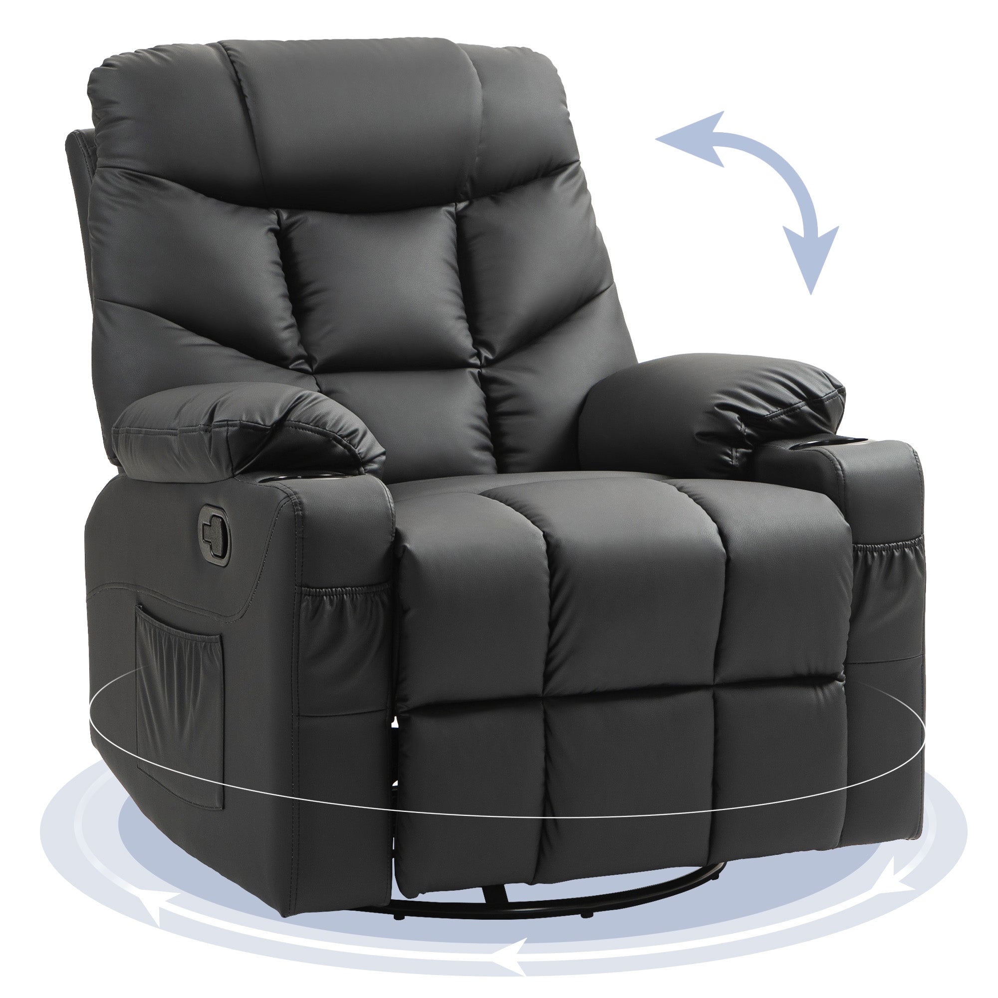 Swivel PU Leather Manual Recliner with Adjustable Footrest & Cup Holders, Black