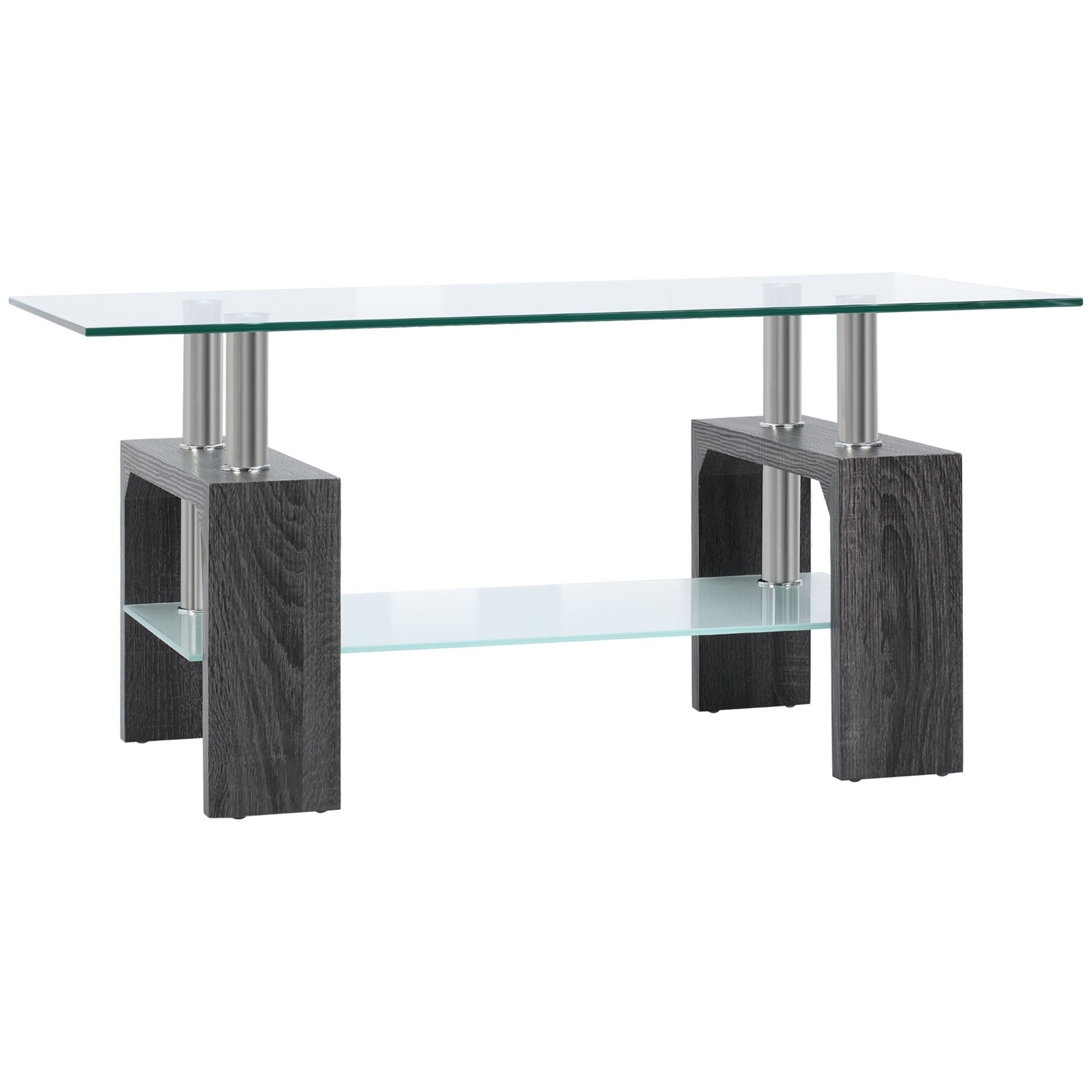 2-Tier Rectangle Glass Coffee Table with Storage Shelf, Grey