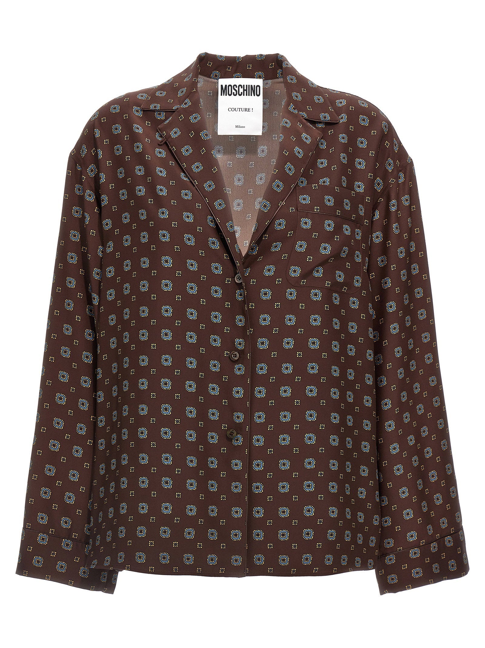 Moschino Geometric Silk Print Shirt — Brown
