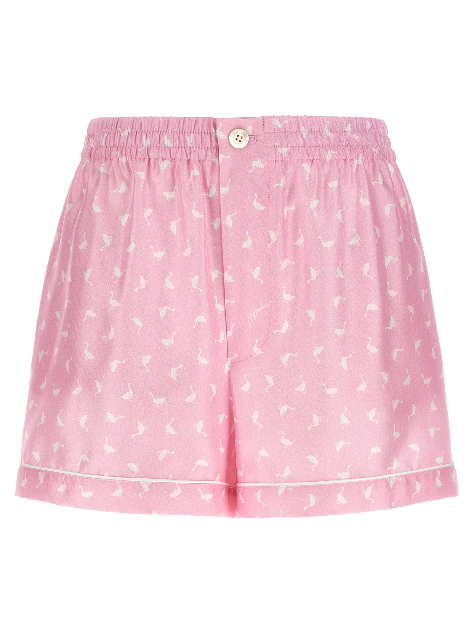 Moschino Duck-Print Silk Twill Shorts — Pink