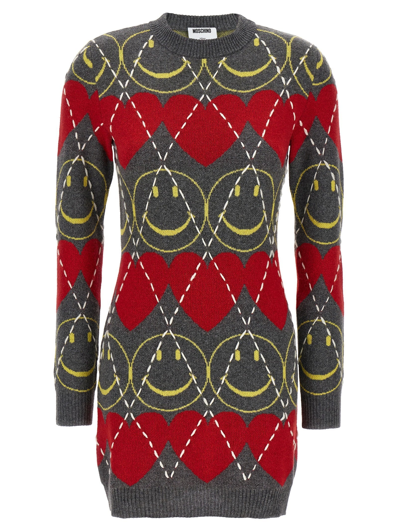 Moschino Smiley® Heart Intarsia Wool Dress — Grey