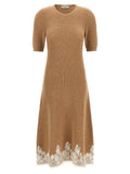 Alberta Ferretti Lace-Trimmed Ribbed Knit Dress — Camel