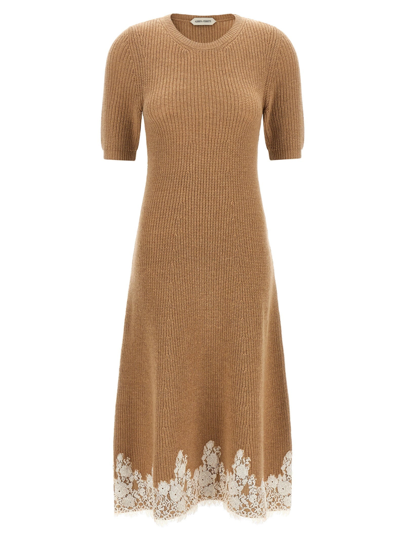 Alberta Ferretti Lace-Trimmed Ribbed Knit Dress — Camel