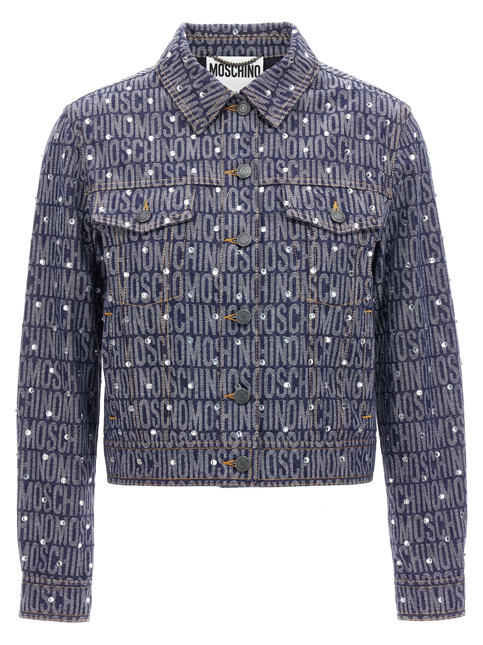 Moschino Logo-Rhinestone Denim Jacket — Navy