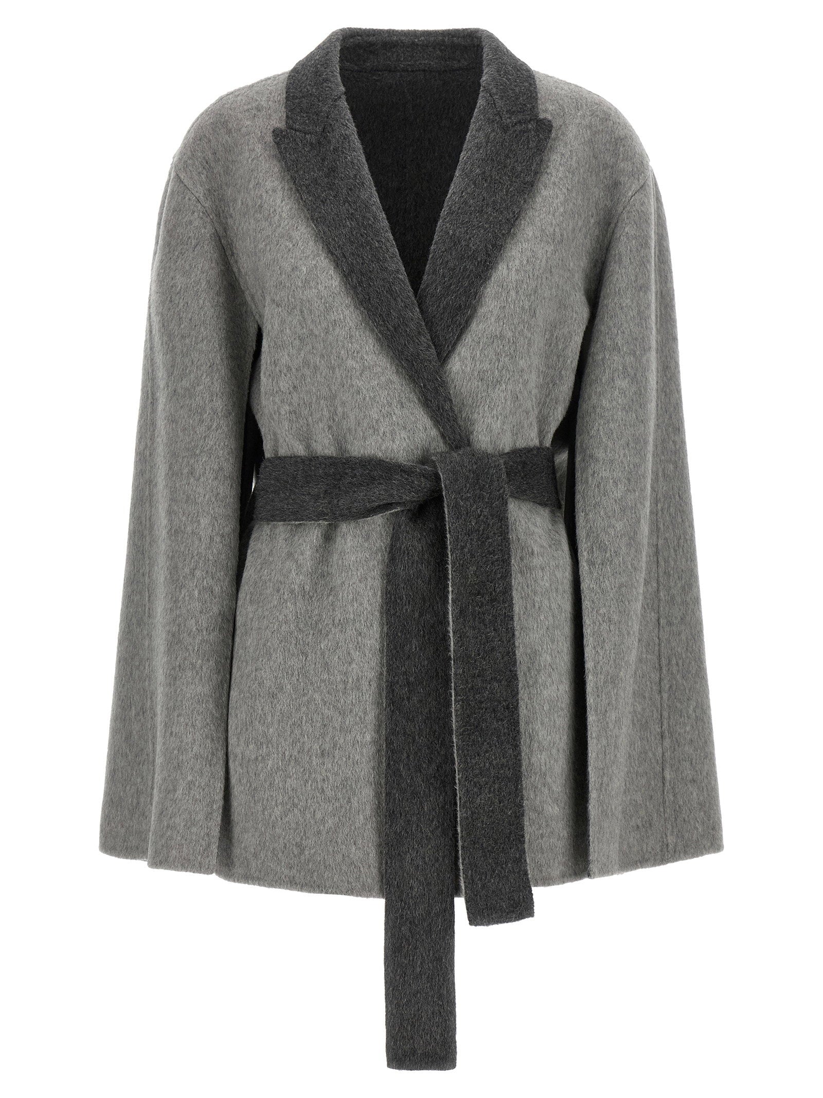 Alberta Ferretti Two-Tone Wool with Belt Cape Coat — Gray