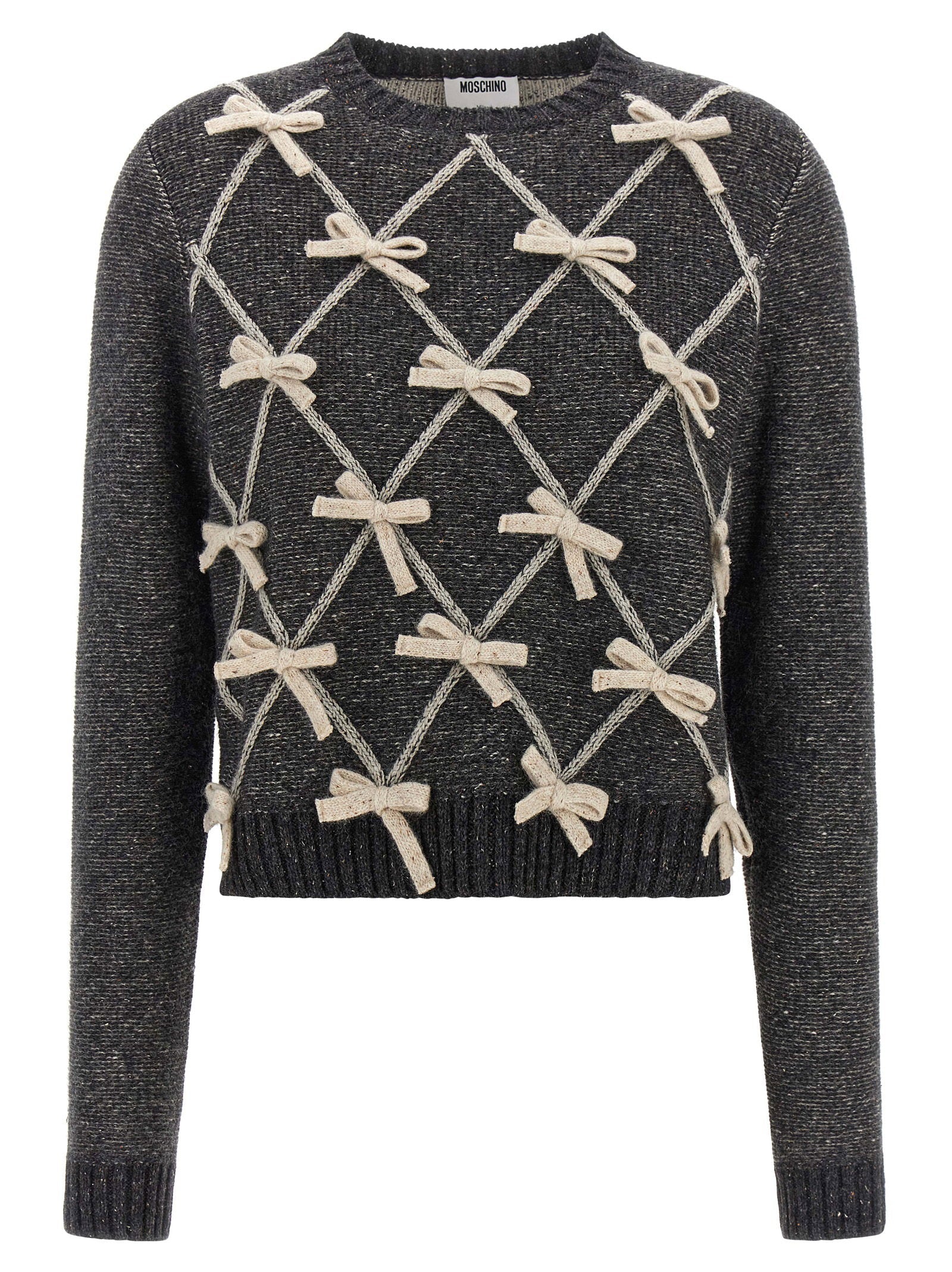 Moschino Bow-Embellished Diamond Pattern Sweater — charcoal