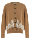 Alberta Ferretti Lace-Insert Cashmere Blend Cardigan — Camel