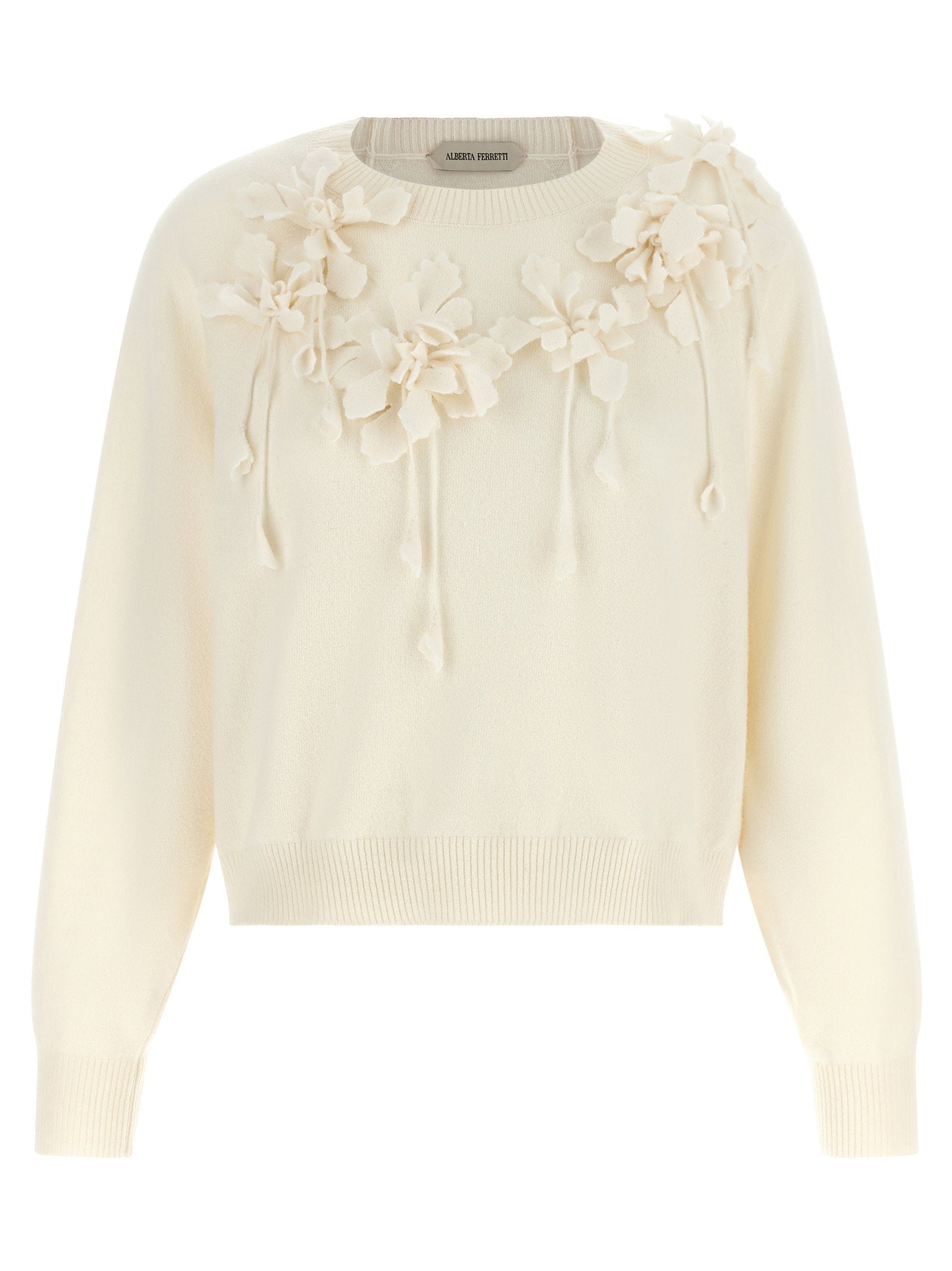 Alberta Ferretti 3D Floral-Embroidered Sweater — Cream