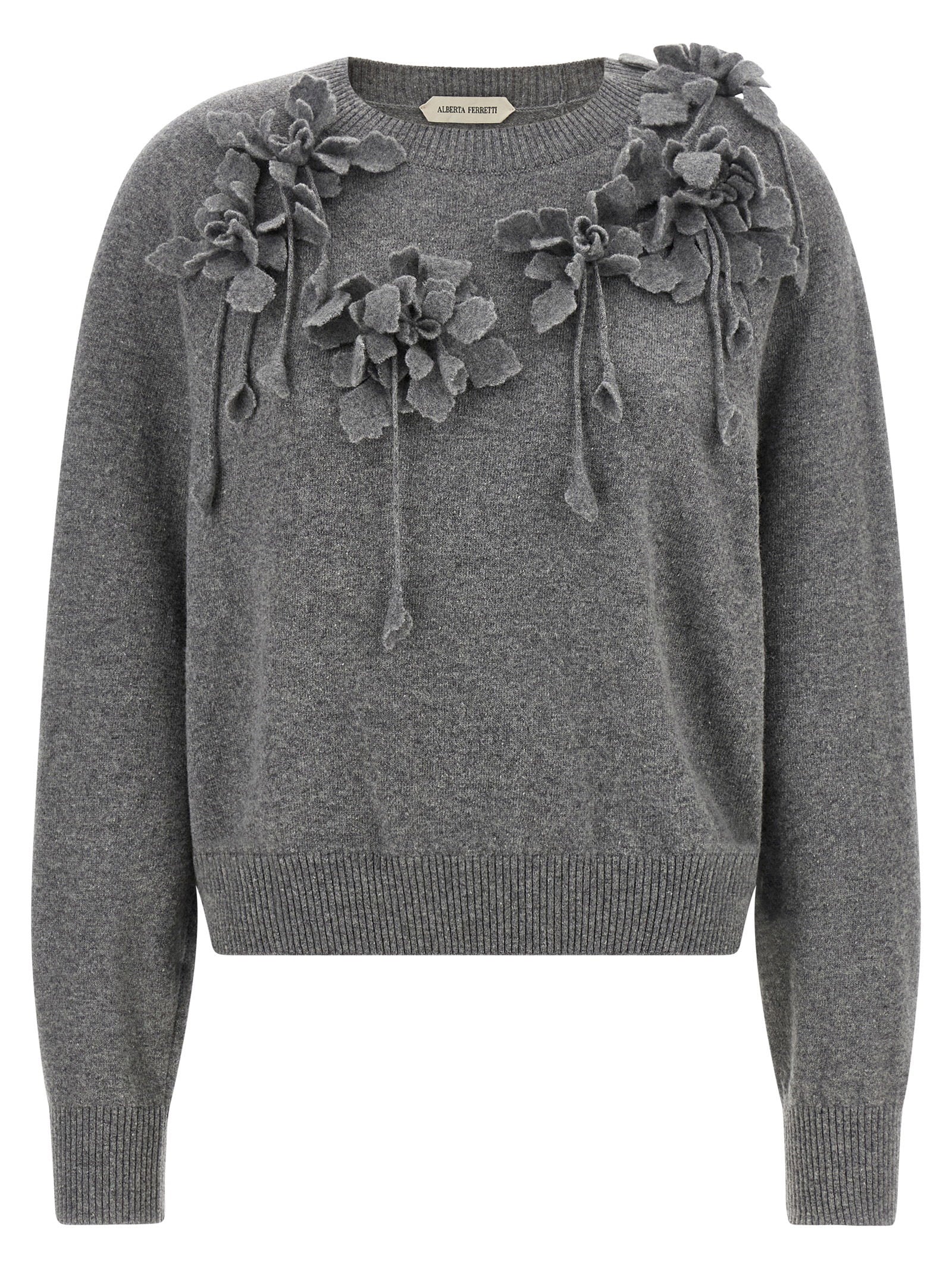 Alberta Ferretti 3D Embroidered Floral Sweater — Gray