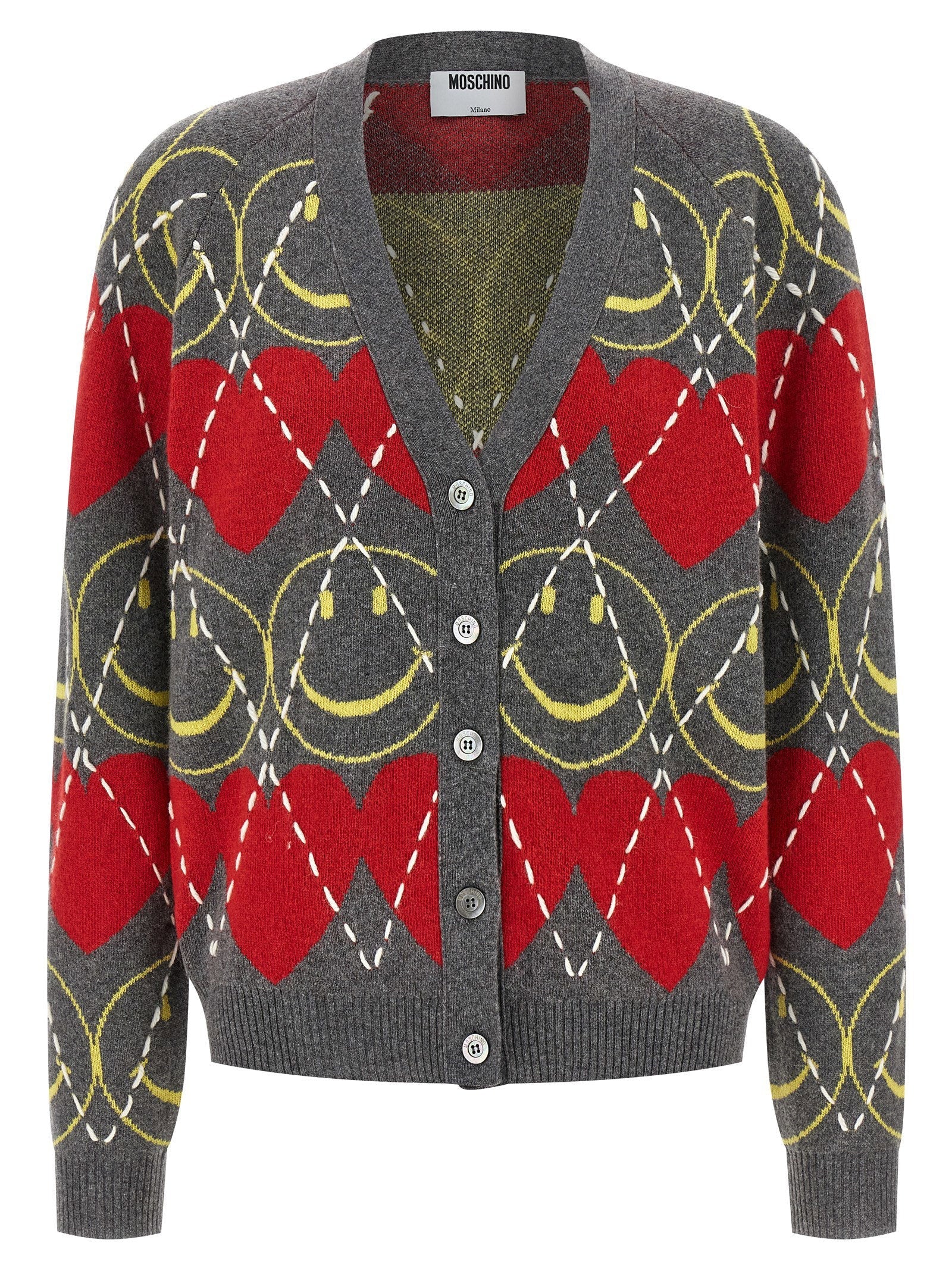 Moschino Heart & Smiley Jacquard Cardigan — Charcoal