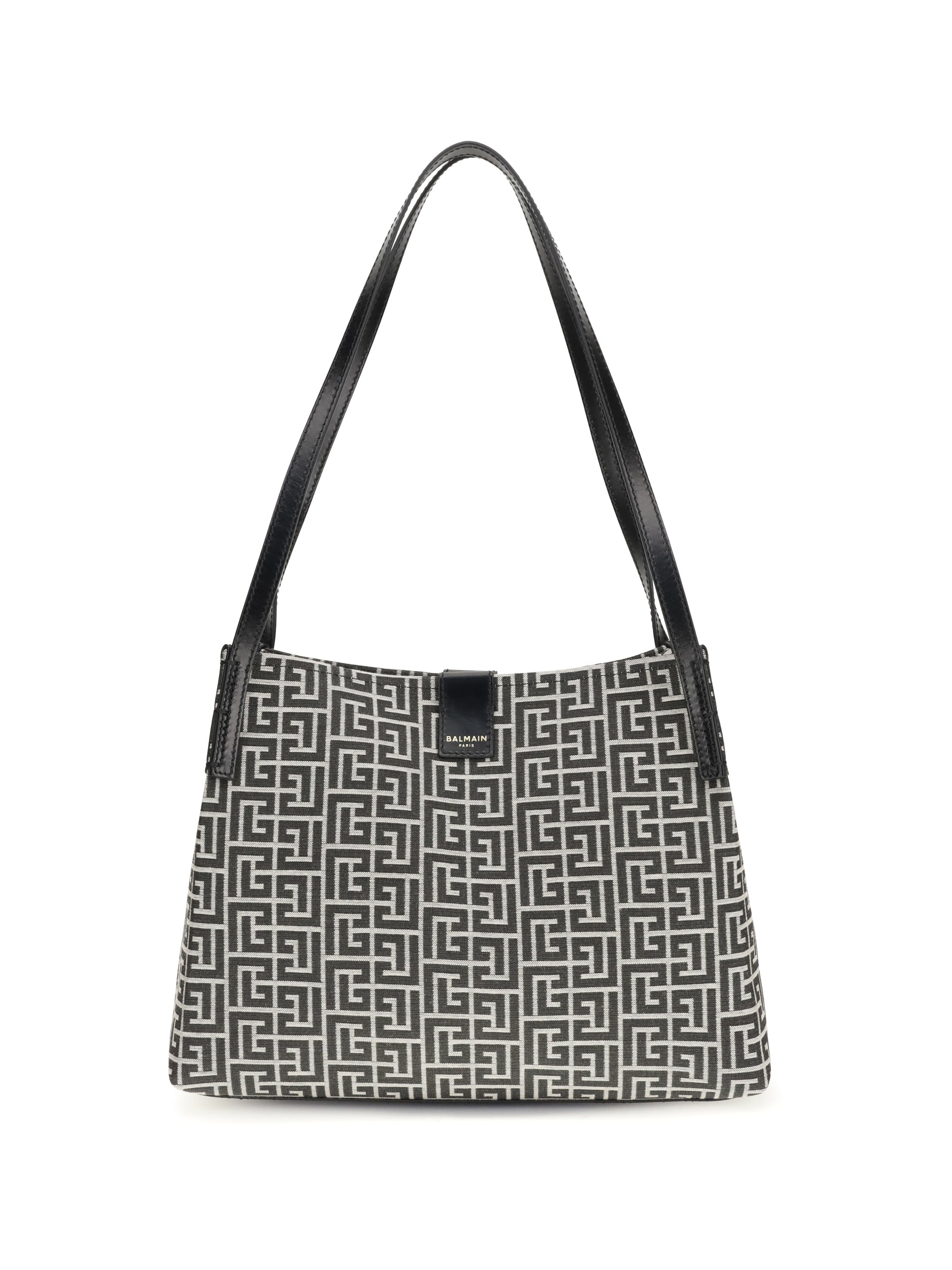 Balmain Jacquard and Leather Shoulder Bag — Gray