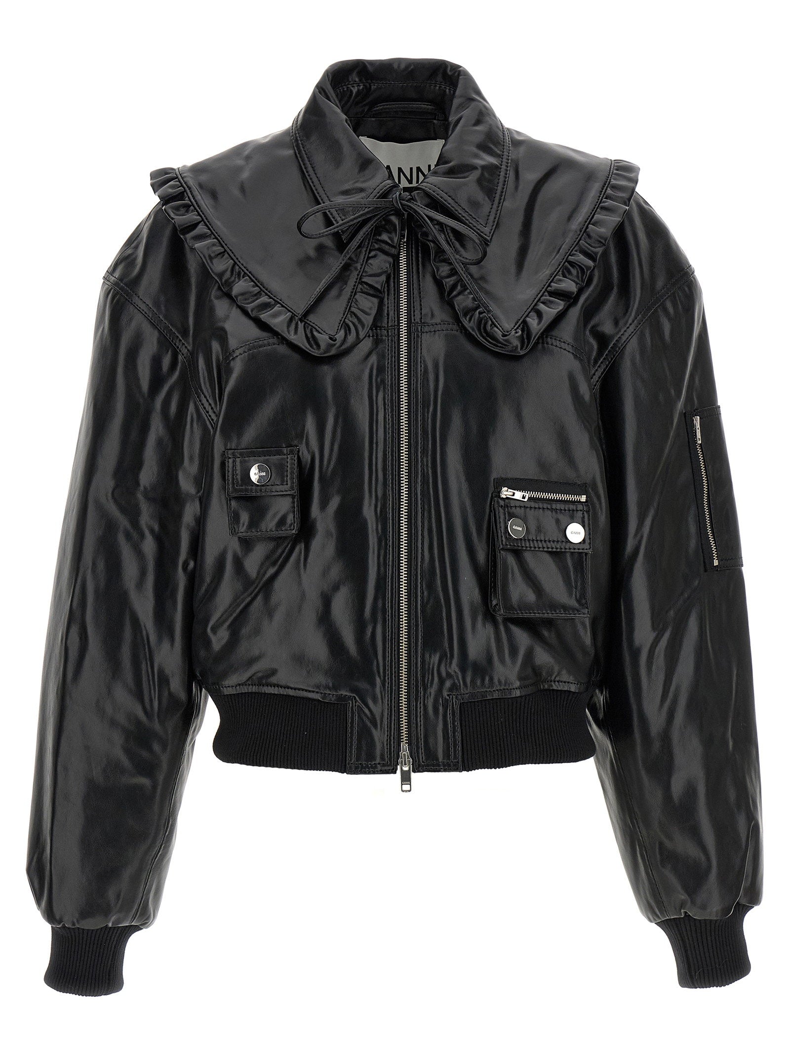 Ganni Leather-Effect Bomber Jacket — black