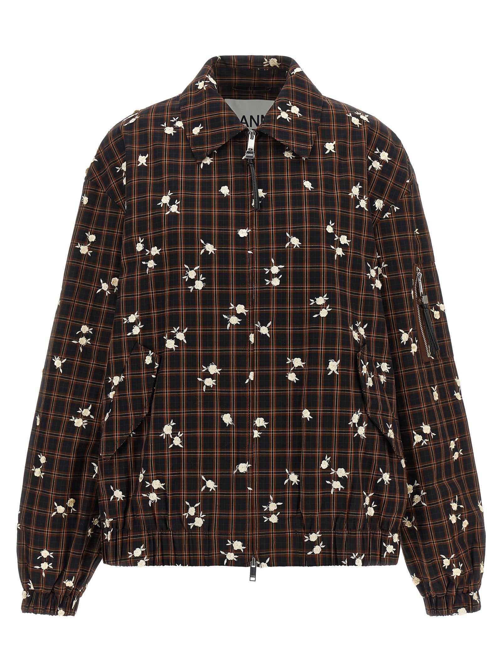 Ganni Check Flower Embroidered Jacket — Brown