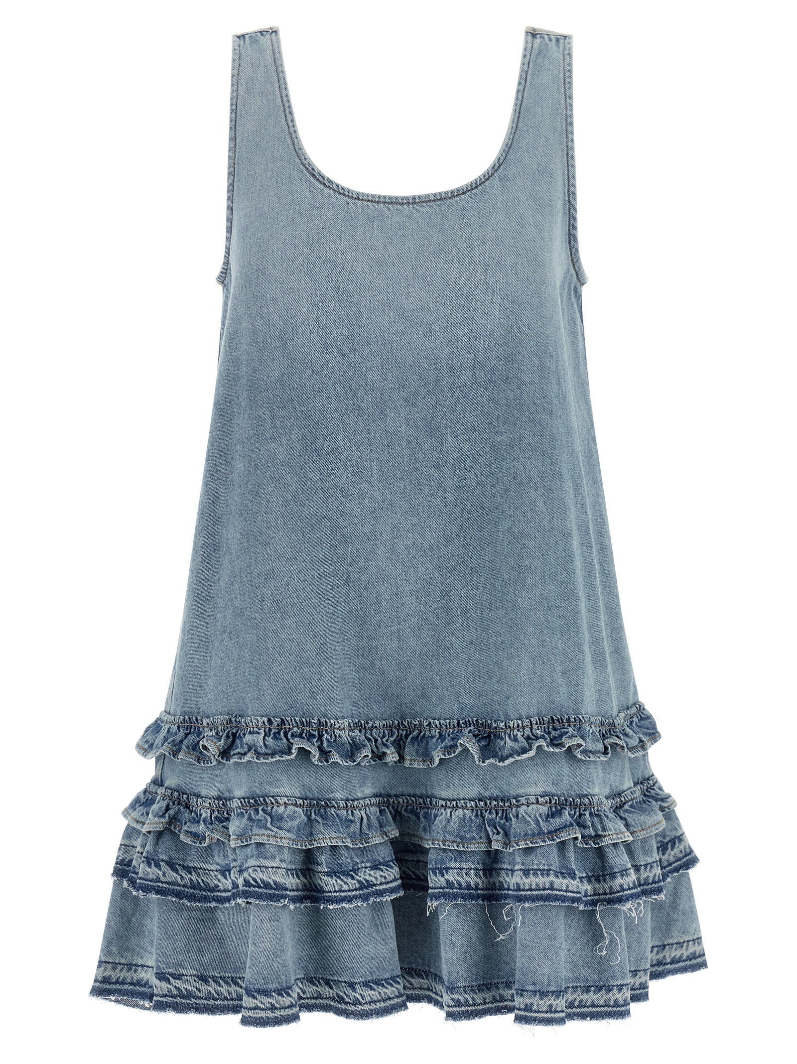 Ganni Organic Cotton Denim with Ruffled Hem Dress — blue