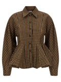 Ganni Crinkled Check Taffeta Blouse — Camel