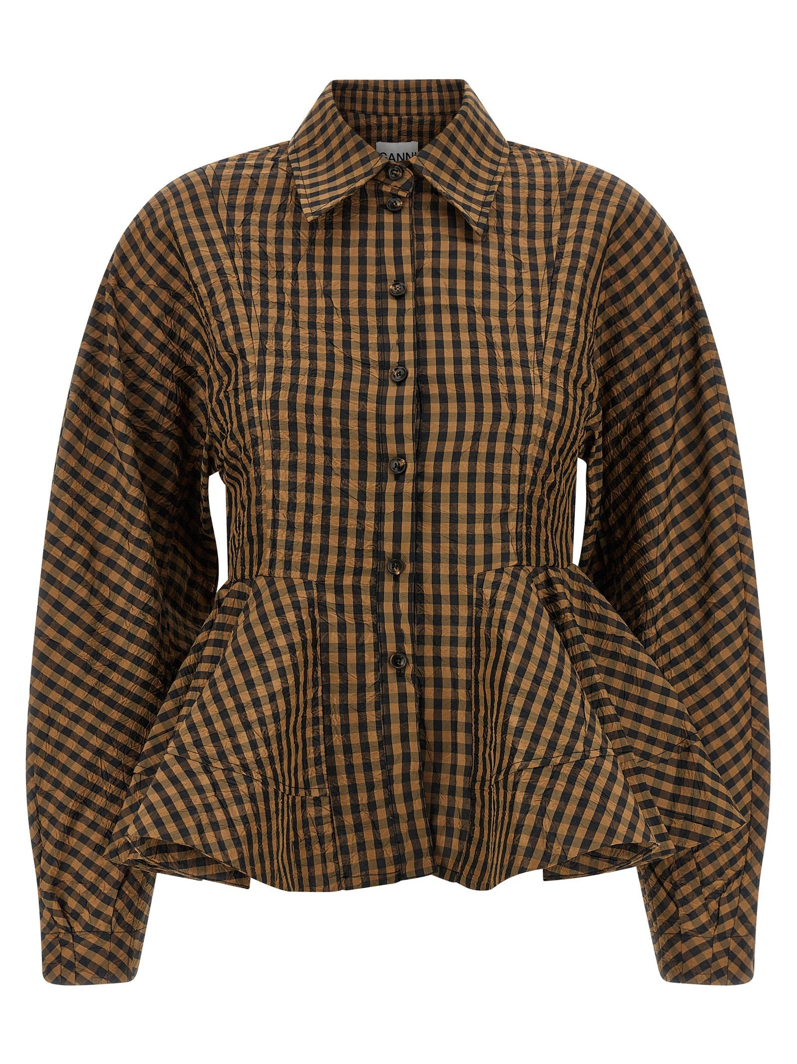 Ganni Crinkled Check Taffeta Blouse — Camel